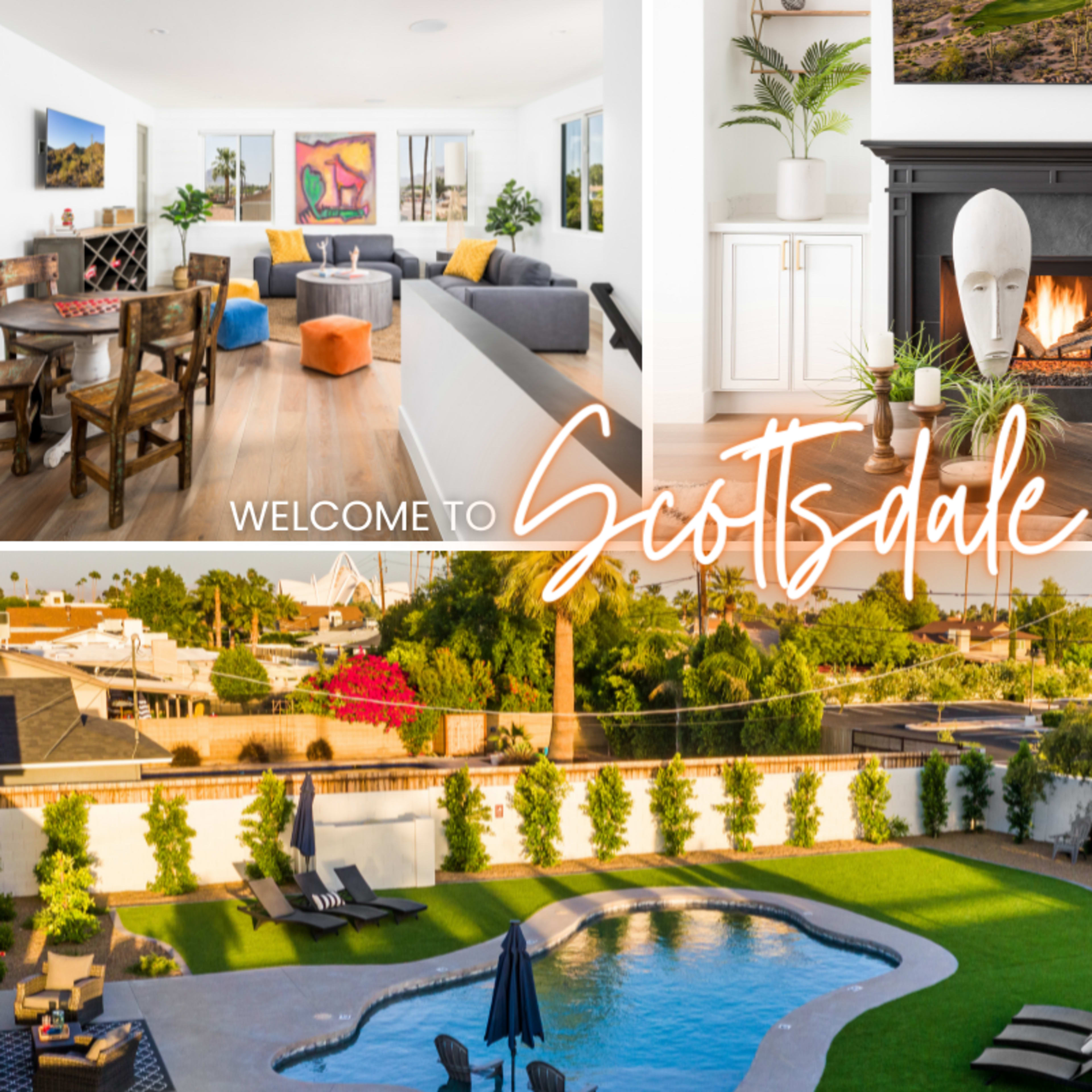 A stylish interior space with a living area, a cozy fireplace, and an outdoor pool area surrounded by lounge chairs and landscaped greenery, all labeled with "Welcome to Scottsdale."