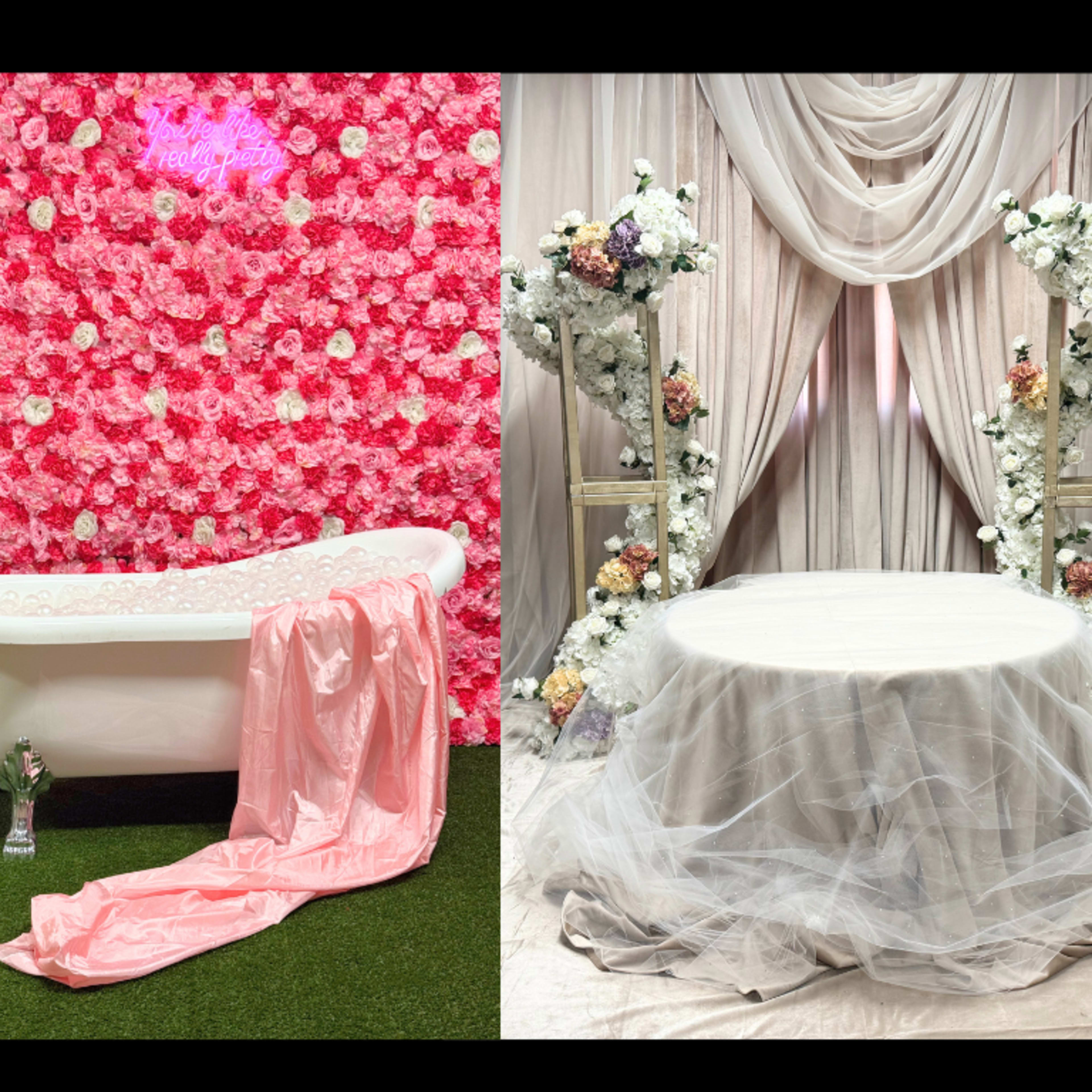 SPRING SETS: Champagne Curtain Floral & Pink Floral Clawfoot Tub Set + Paper Backdrop Station Image in Garfield Park, Chicago, IL