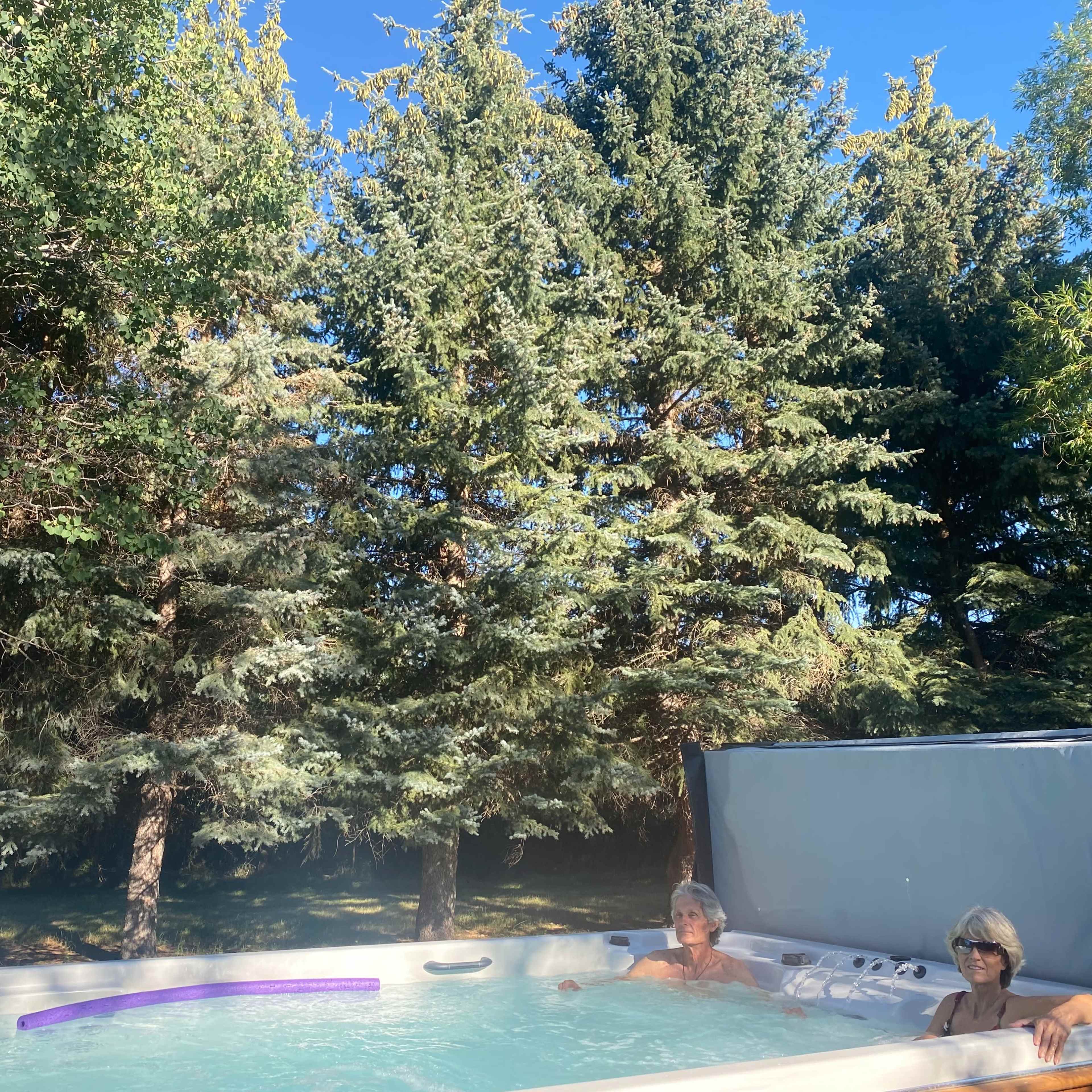 Two individuals relax in a hot tub surrounded by tall green trees under a clear blue sky.
