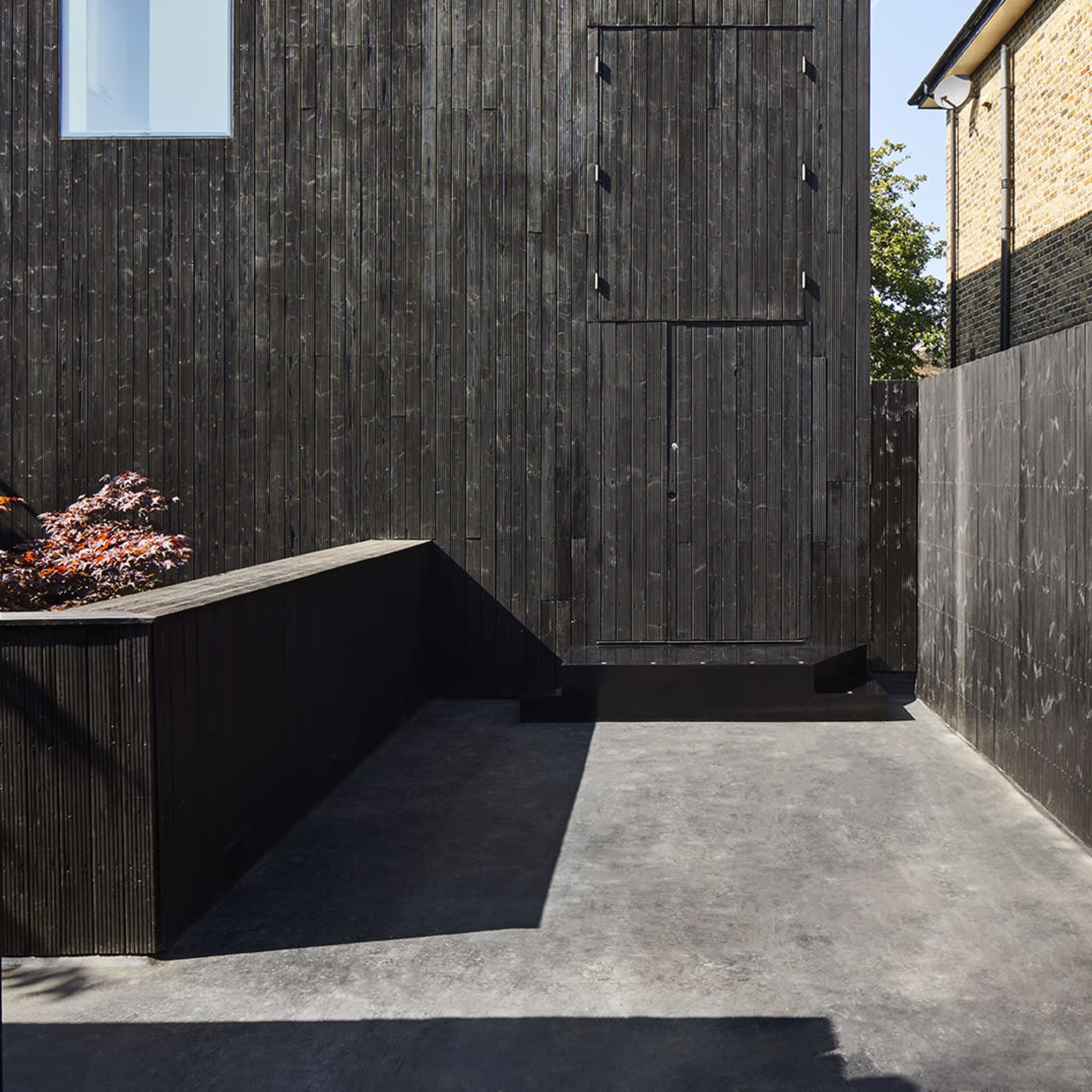 A narrow courtyard enclosed by high black wooden walls and featuring a concrete floor and a raised planter with a small tree.