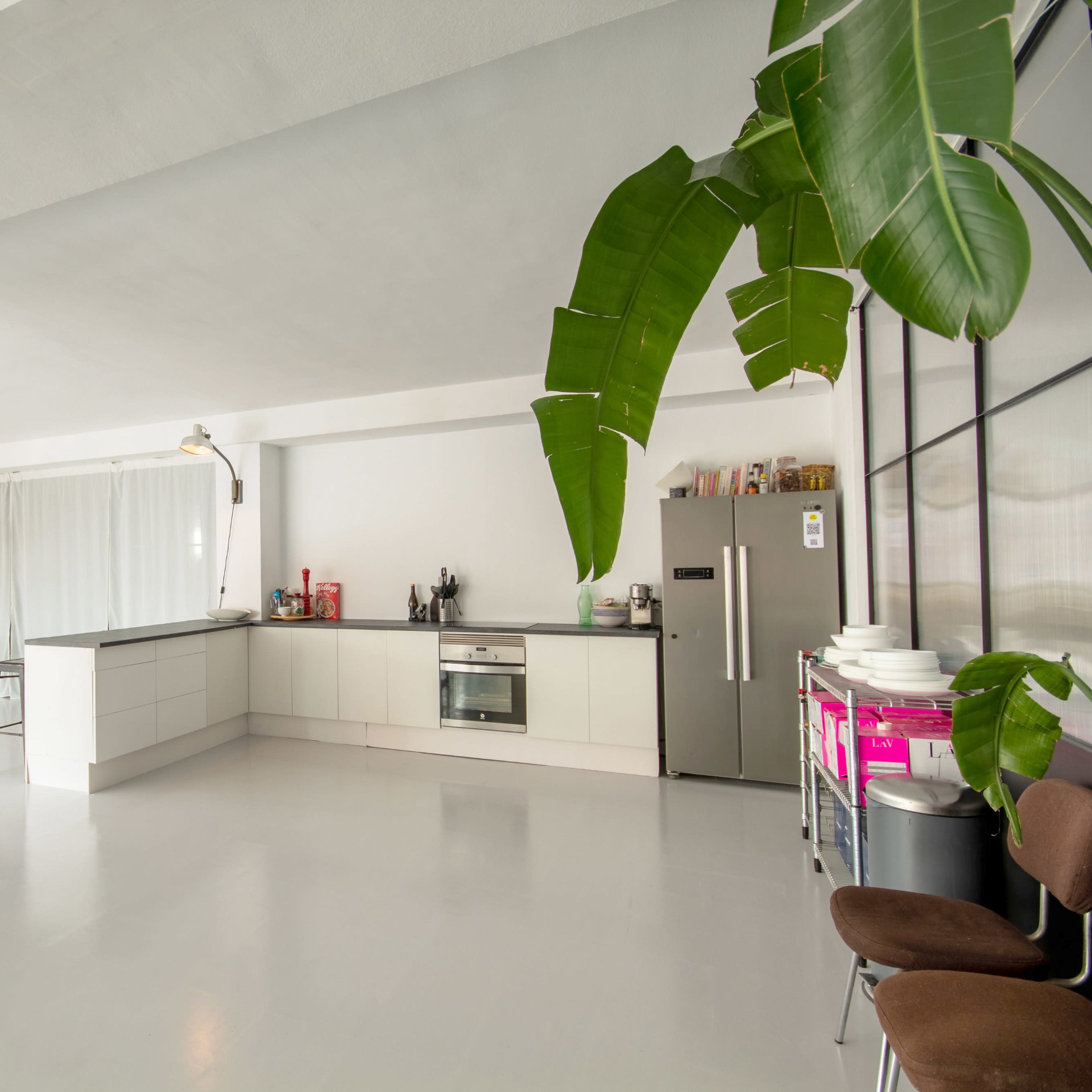 A modern kitchen with a white floor, gray cabinets, and large windows, featuring a dining area and potted plants.
