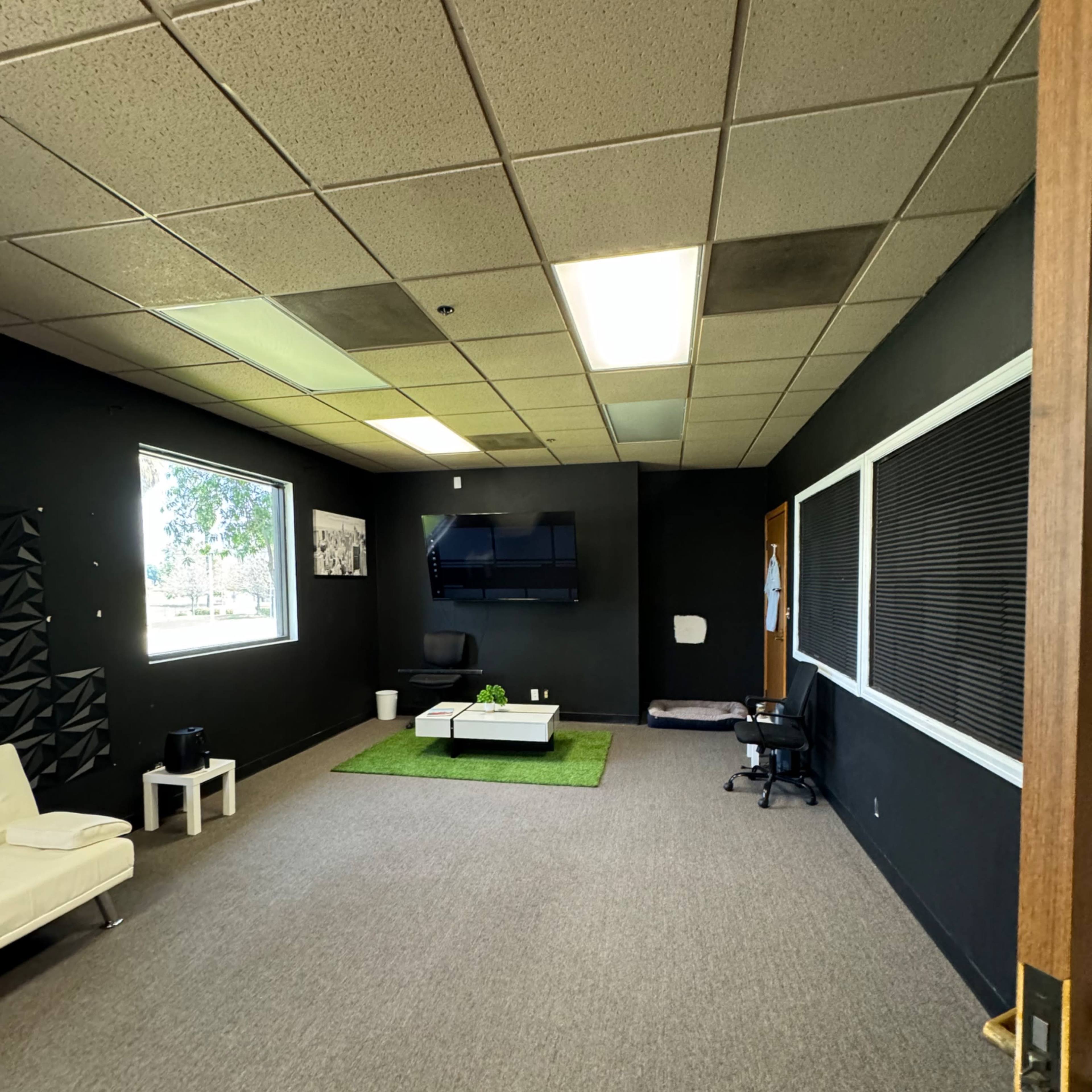 An empty room with dark walls, carpeted flooring, a white sofa, a coffee table on a green rug, and a wall-mounted television.