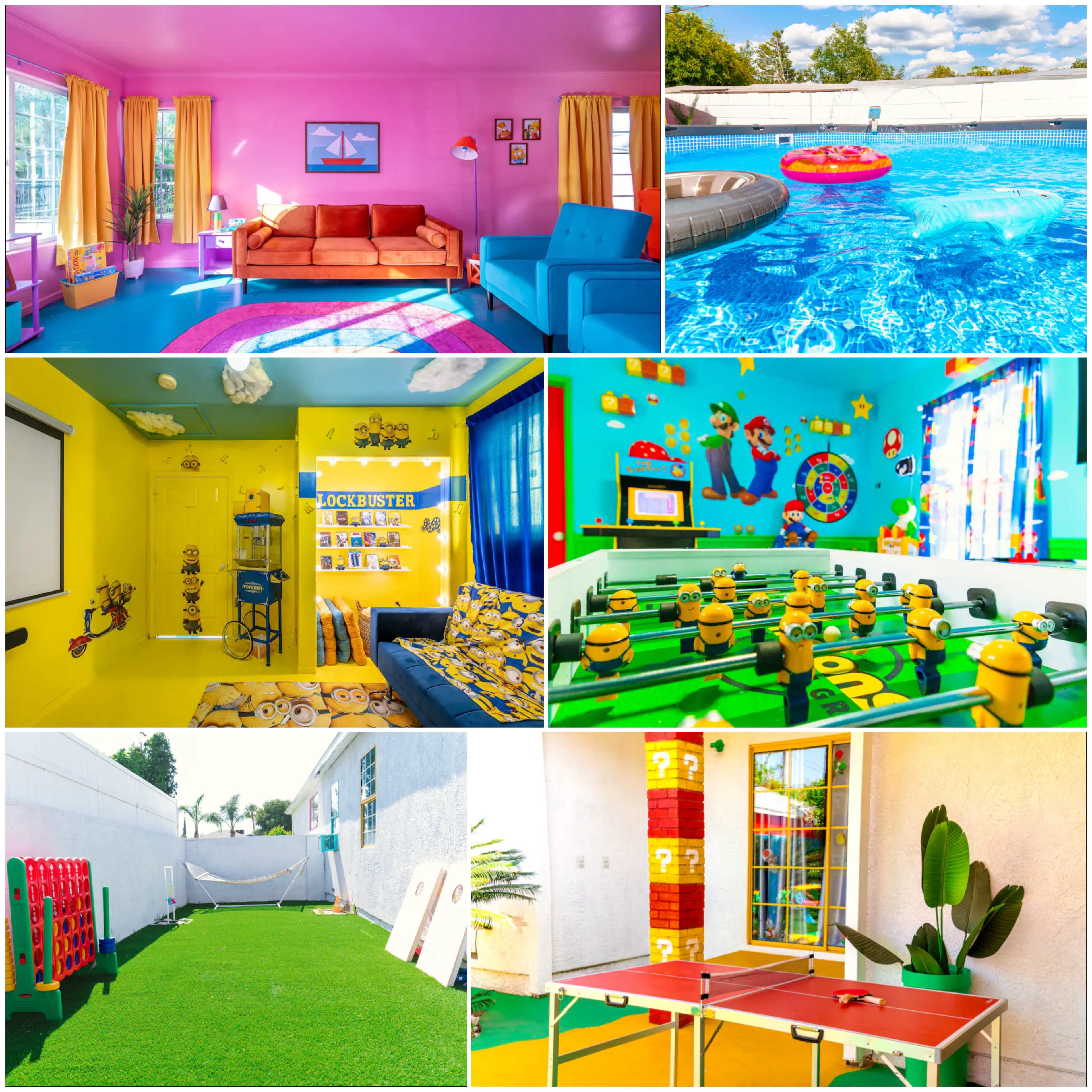 A collage of brightly colored indoor and outdoor spaces, including a pink living room, a blue pool area with floaties, a yellow room with a projector, a green-themed classroom with Minion decorations, and a ping pong table surrounded by vibrant decor.