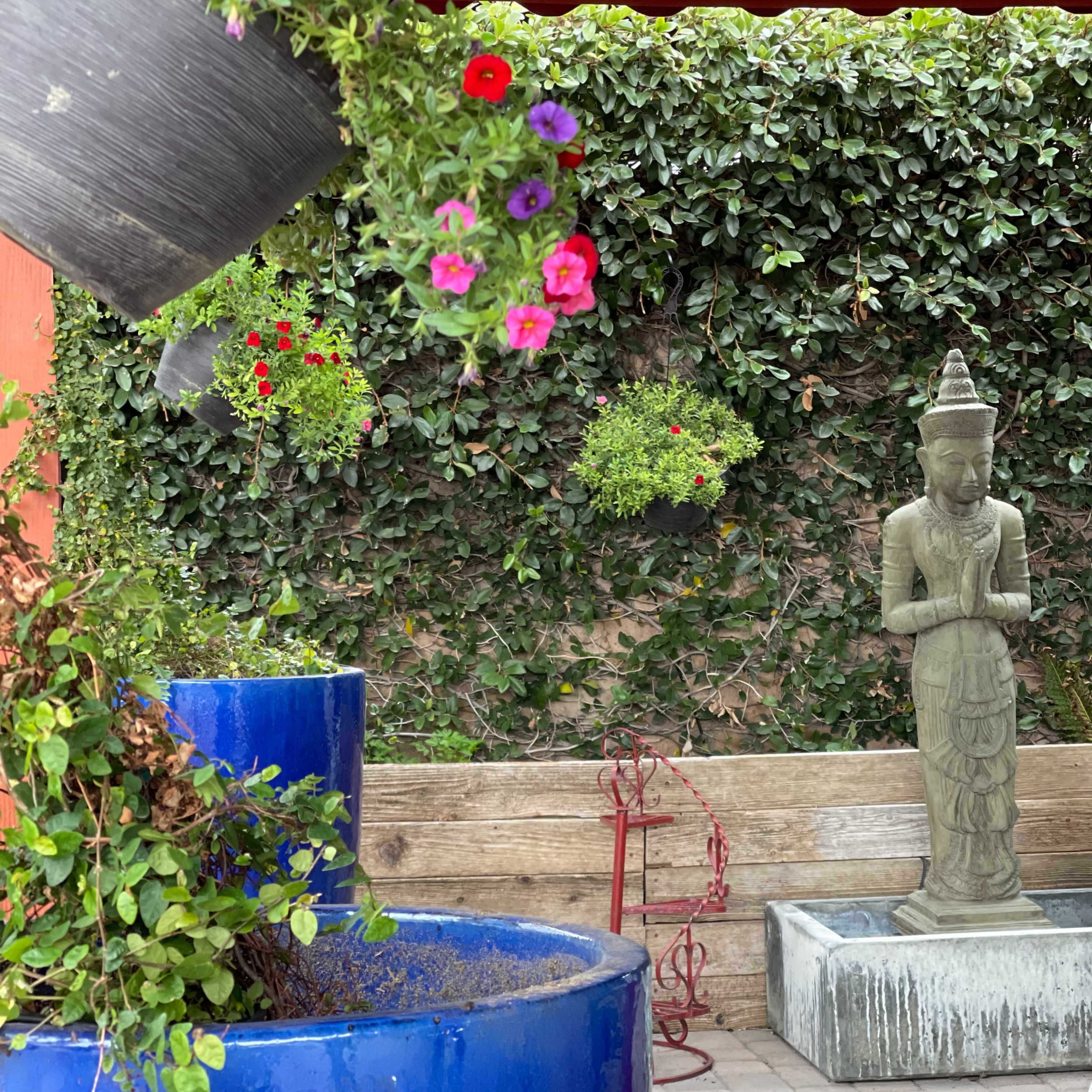 A stone statue of a figure in a garden surrounded by colorful hanging flower pots and green ivy-covered walls.