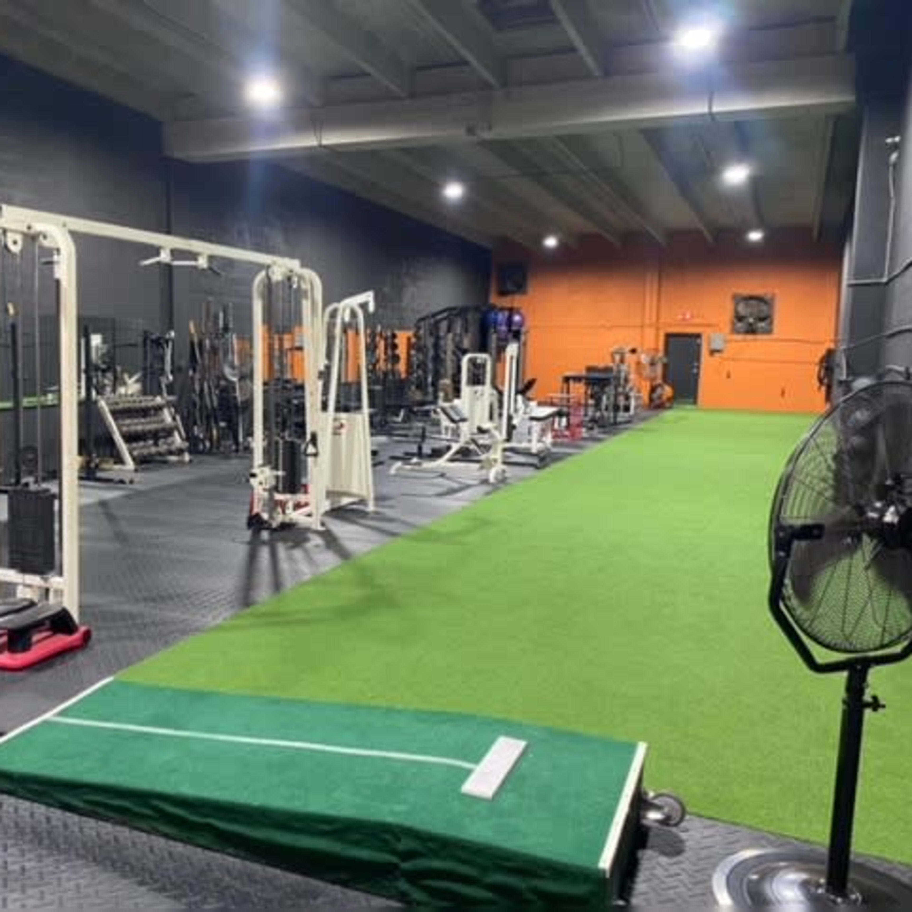 A gym interior with various strength training equipment, a turf area, and a fan.