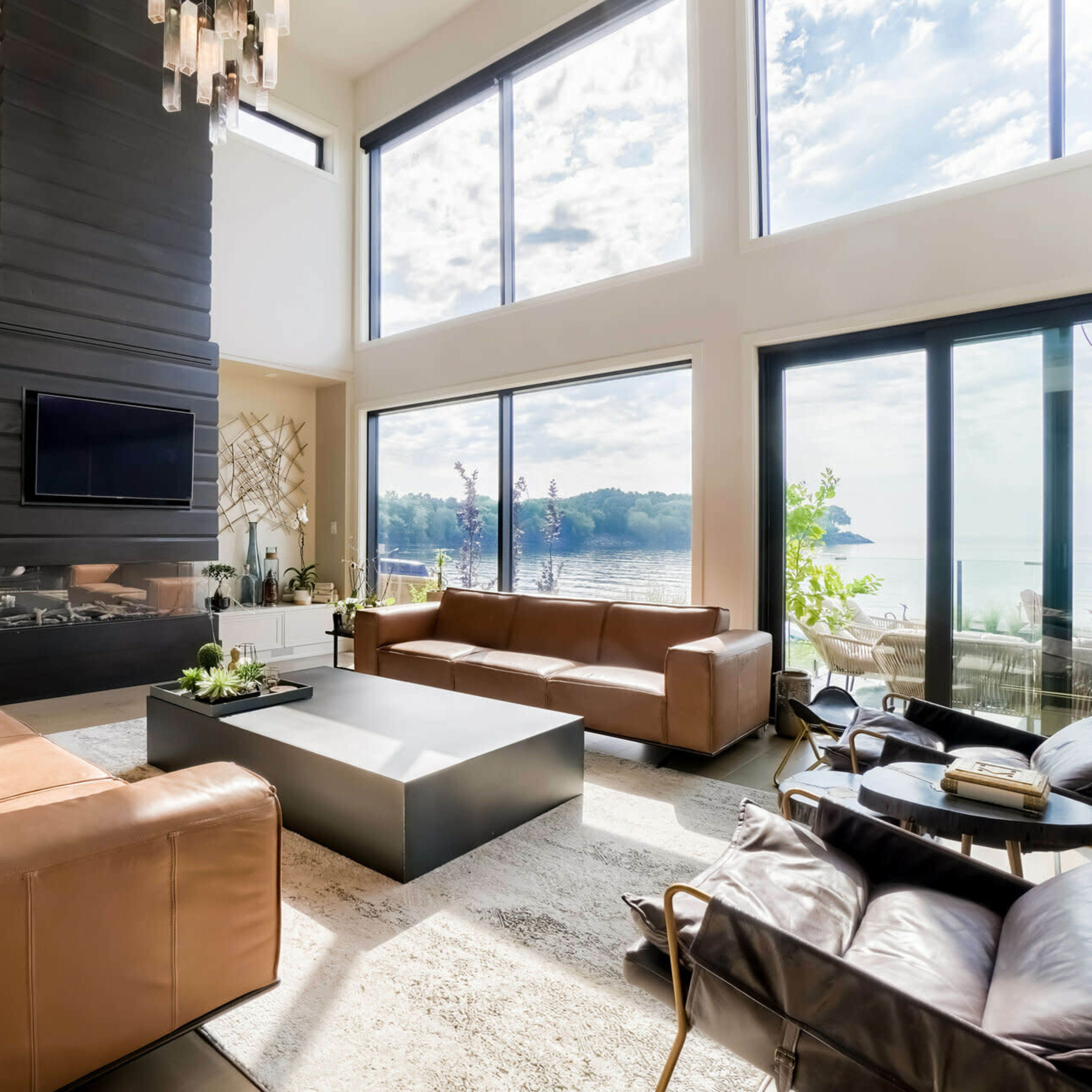 A modern living room with large windows overlooking a lake, featuring brown leather sofas arranged around a rectangular coffee table and a minimalist decor.