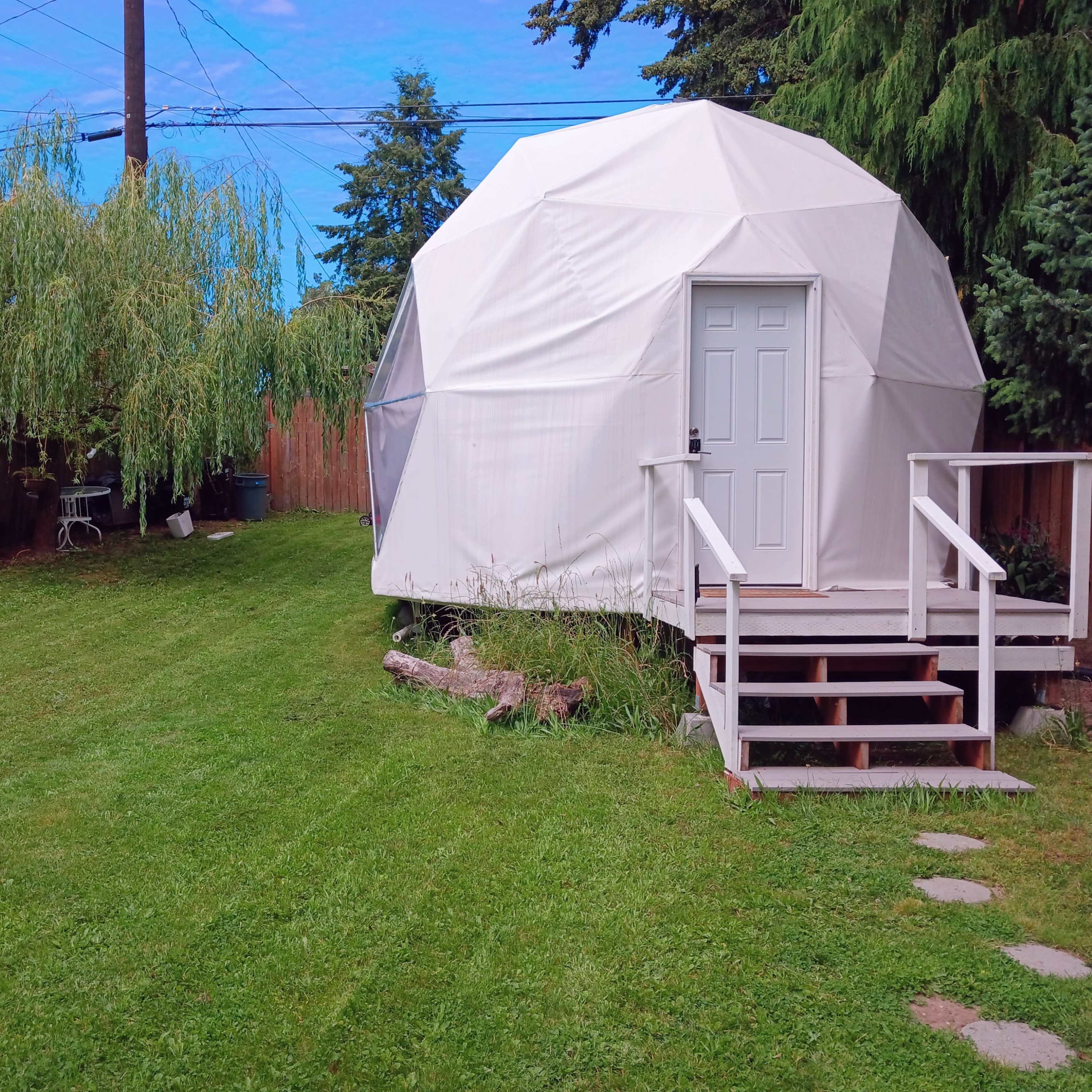A geodesic dome structure in a grassy backyard, with a fire pit made of stone in the foreground and tall trees in the background.