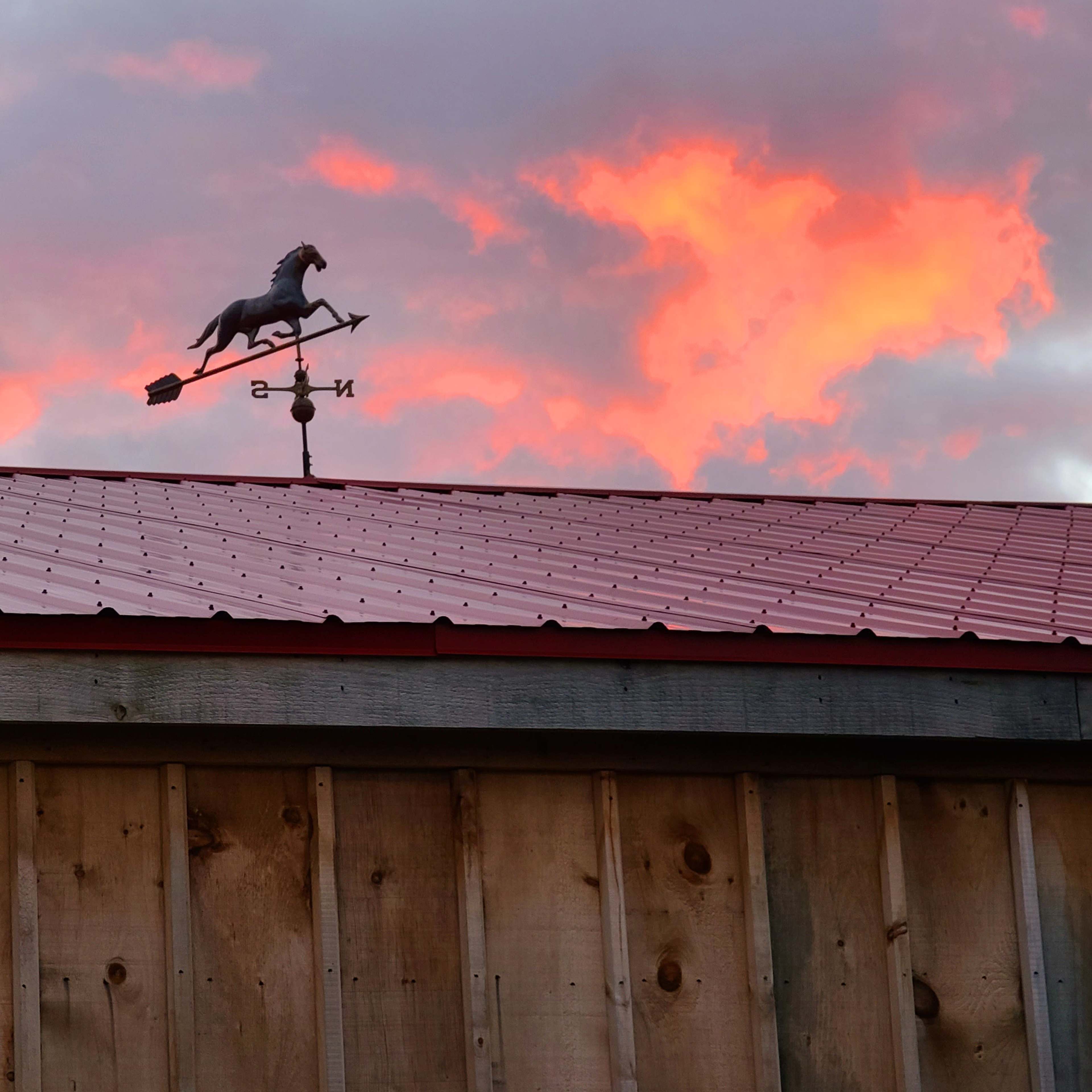 A weather vane shaped like a horse is mounted on the roof of a wooden building against a backdrop of a colorful sunset.