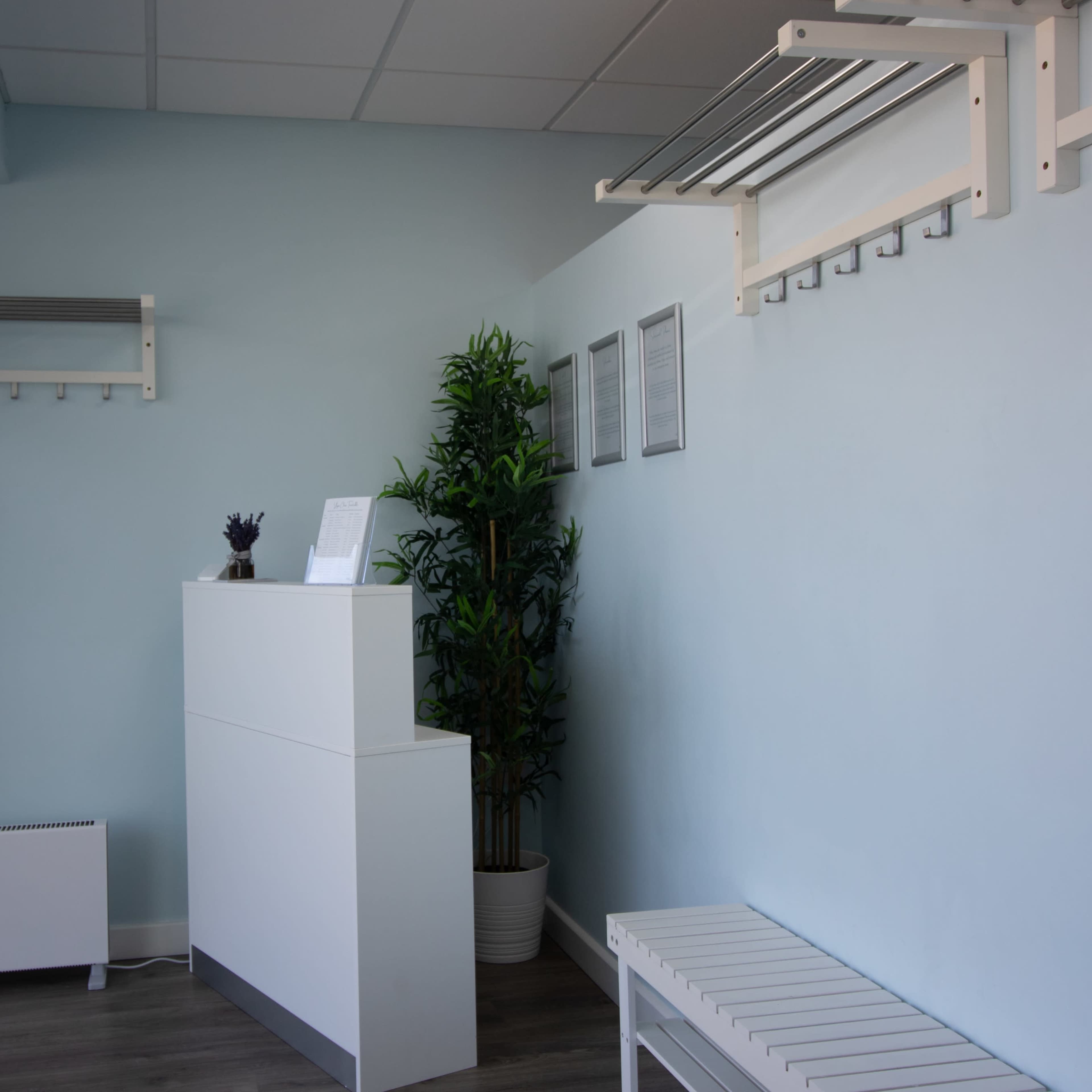 A minimalist reception area with light blue walls, a white counter, a plant, and a bench.