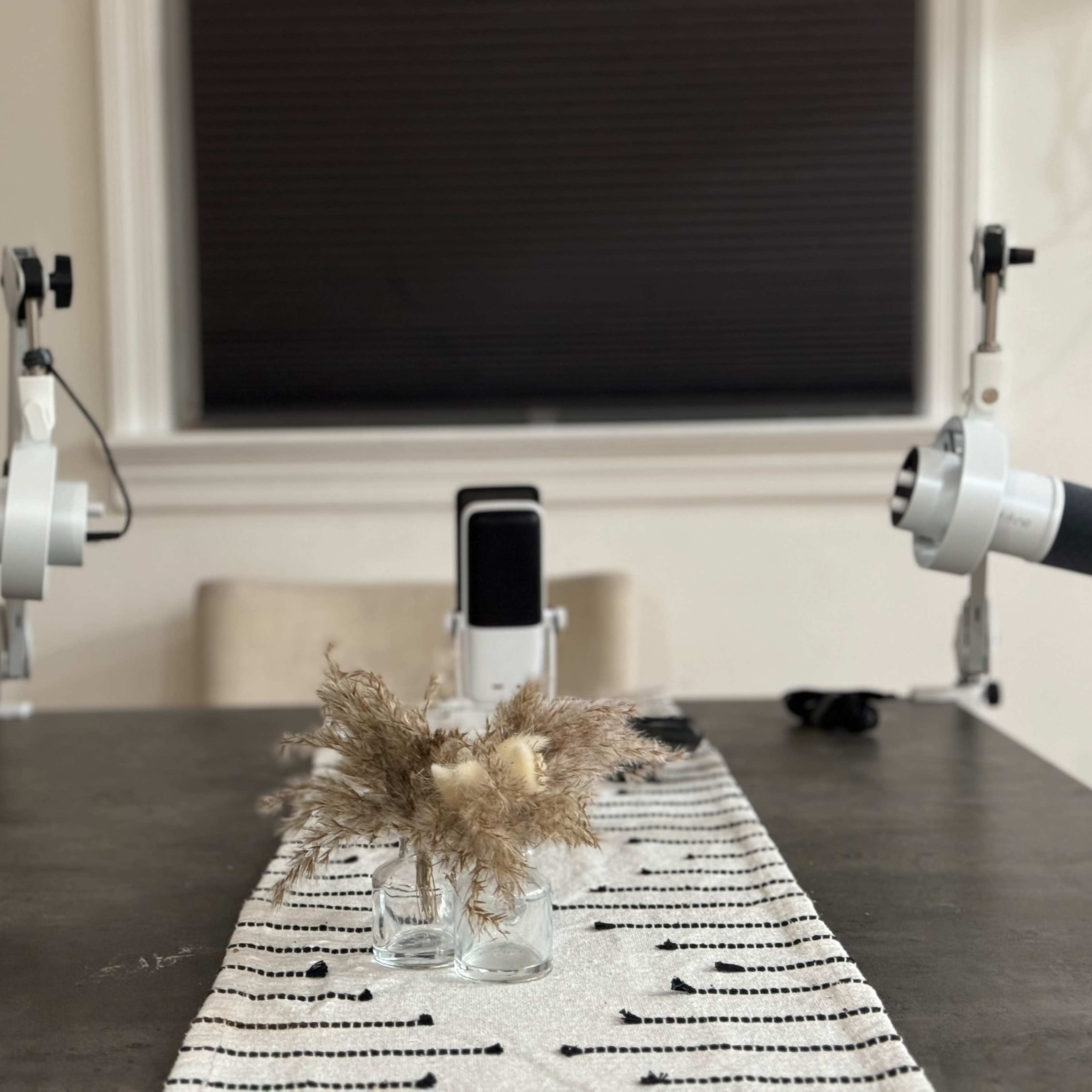 A table setting features two microphones on adjustable stands facing a central arrangement of dried plants in a small glass vase.