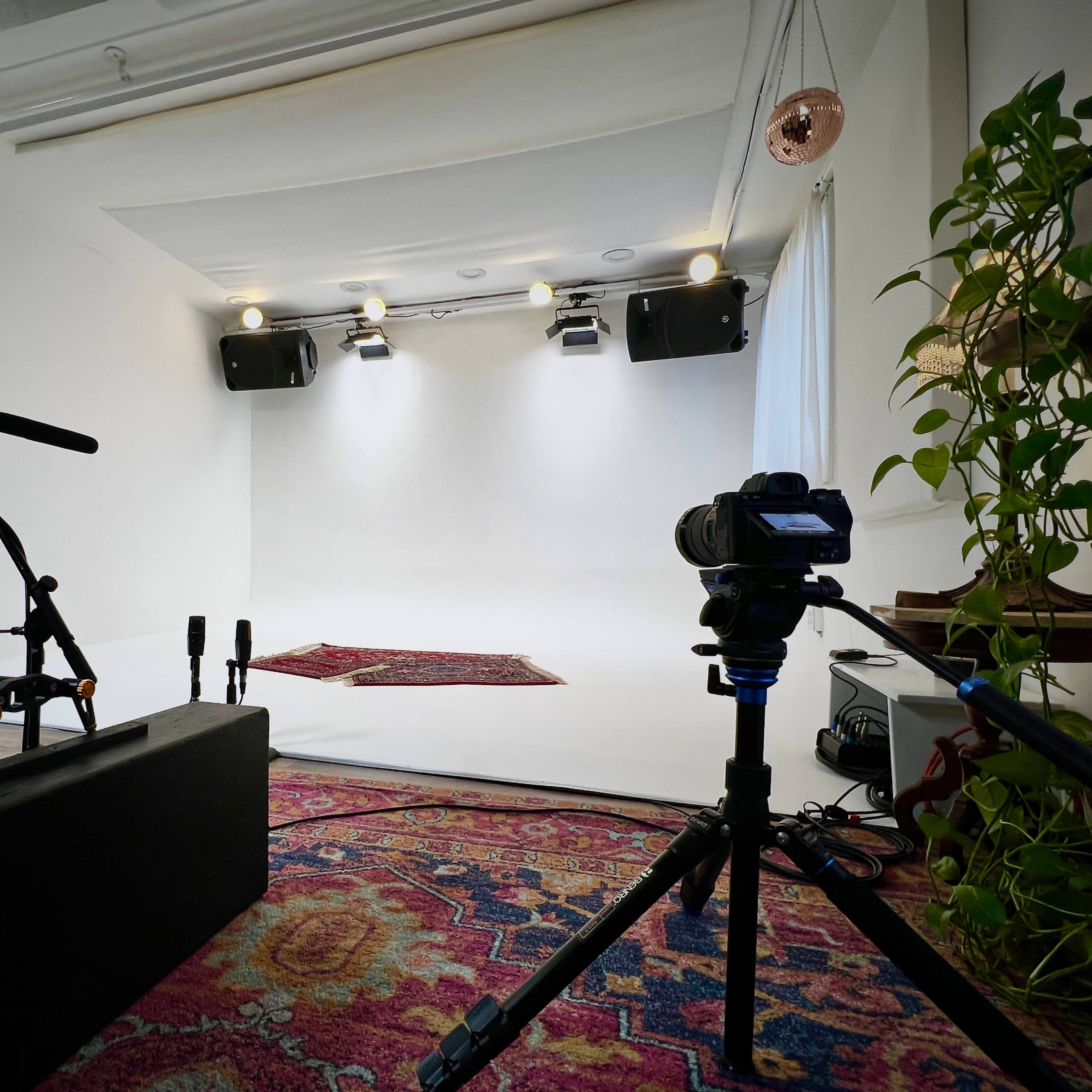 A photography or video recording studio with multiple cameras, lighting equipment, and a patterned rug on a white backdrop.
