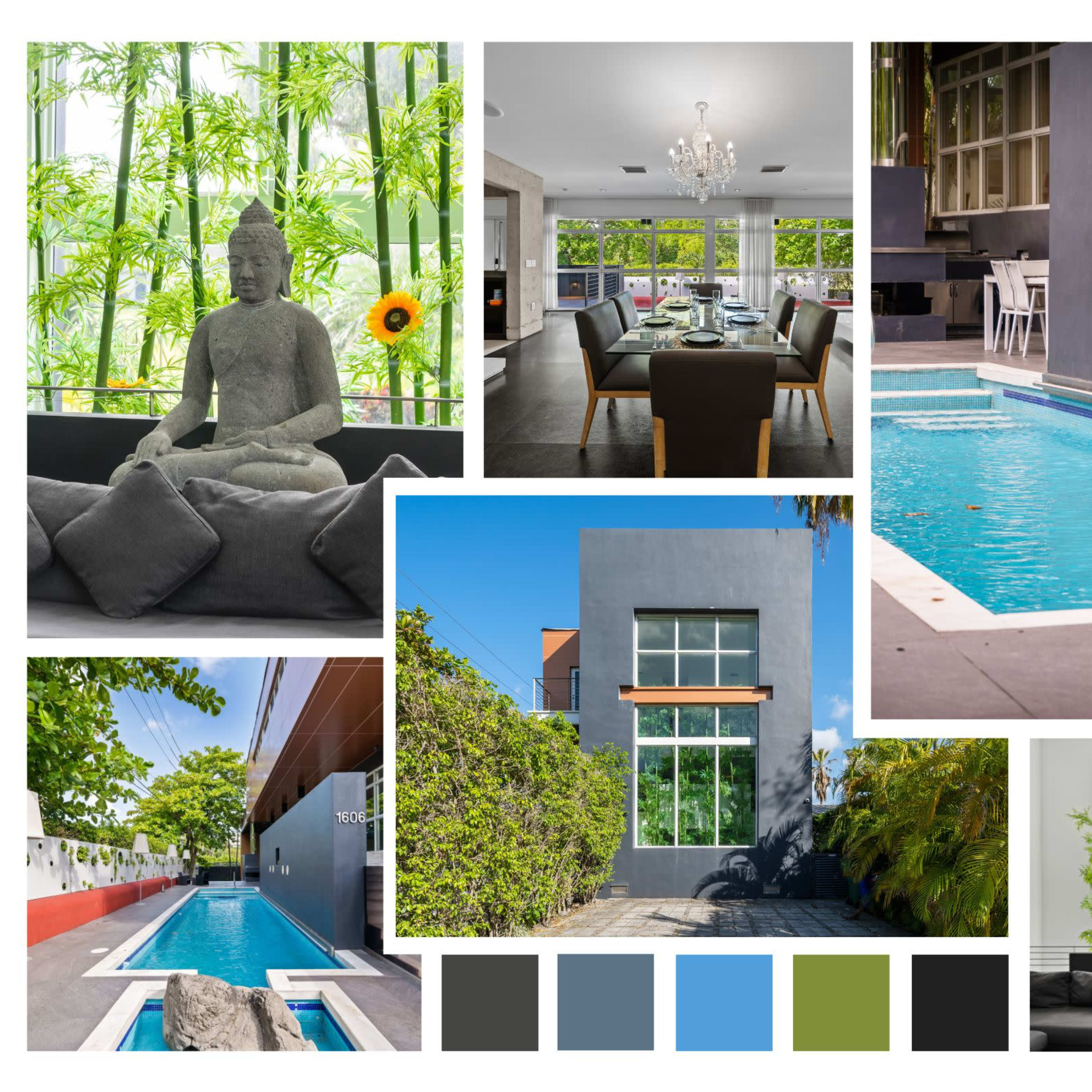 A collage of various modern interior and exterior spaces, including a serene Buddha statue, a dining area, a swimming pool, and a contemporary building facade, all surrounded by greenery.
