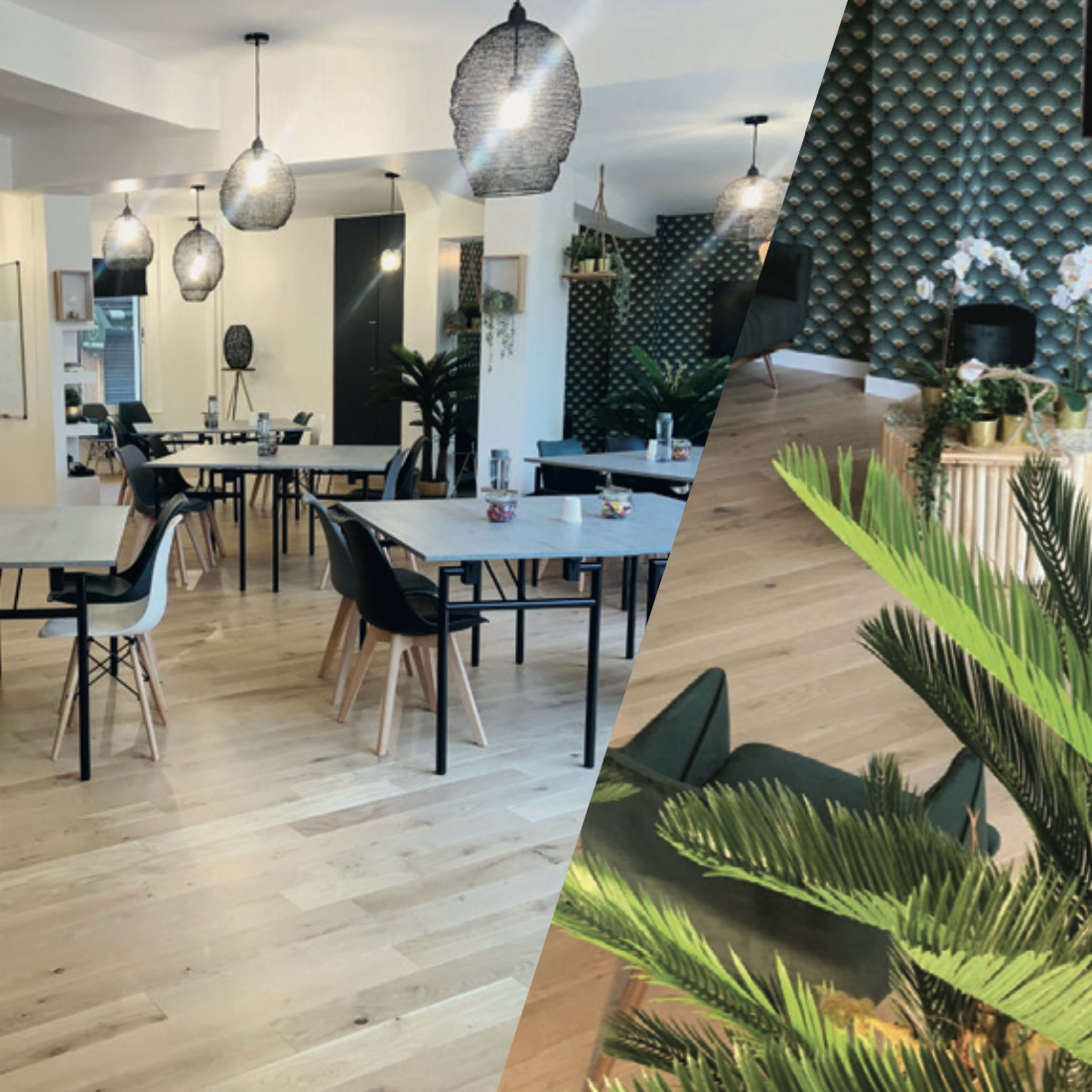 A modern interior of a café or workspace featuring tables, chairs, decorative plants, and pendant lighting.
