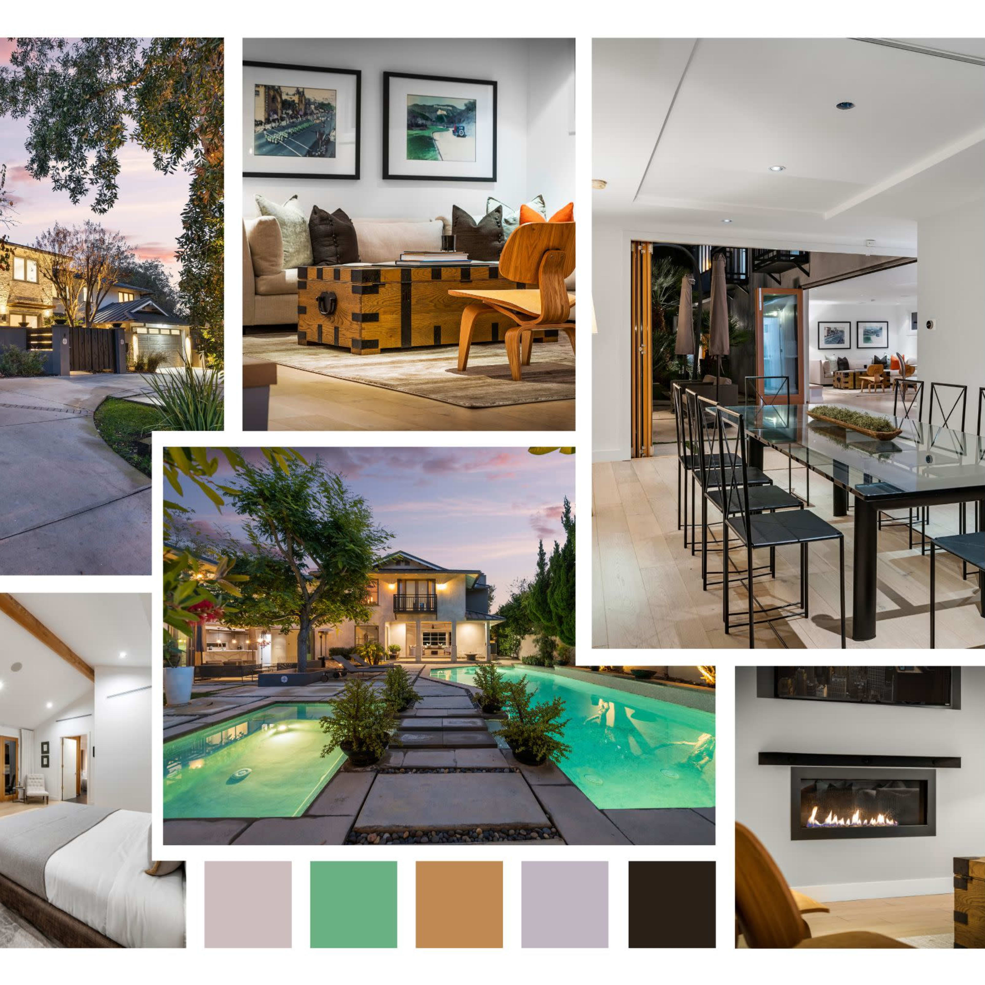 The collage showcases various angles and features of a modern house, including its exterior driveway, interior dining area, living space with a fireplace, and a backyard pool with landscaping.