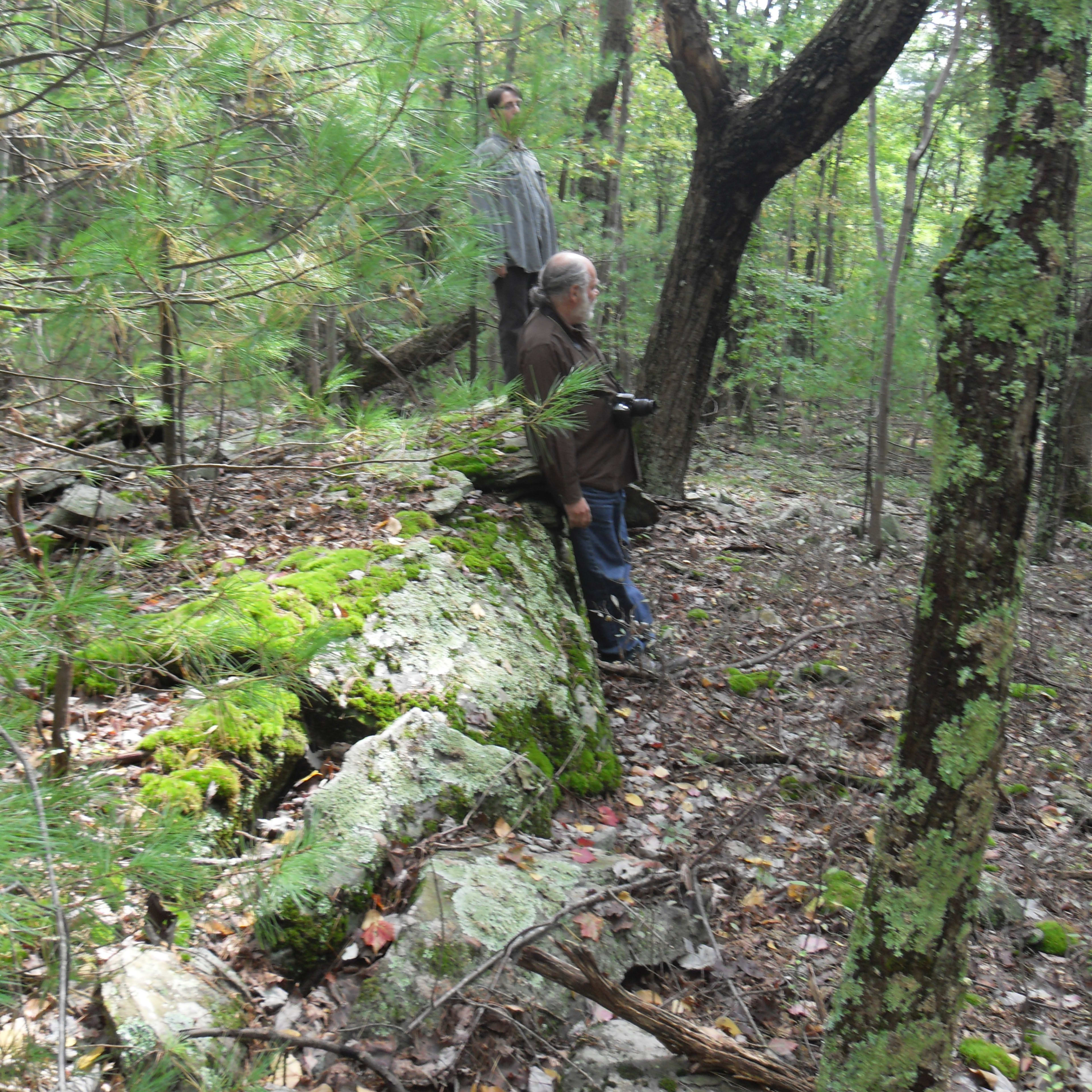 Two men stand in a wooded area, with one positioned on a rocky outcrop and the other further back among the trees.