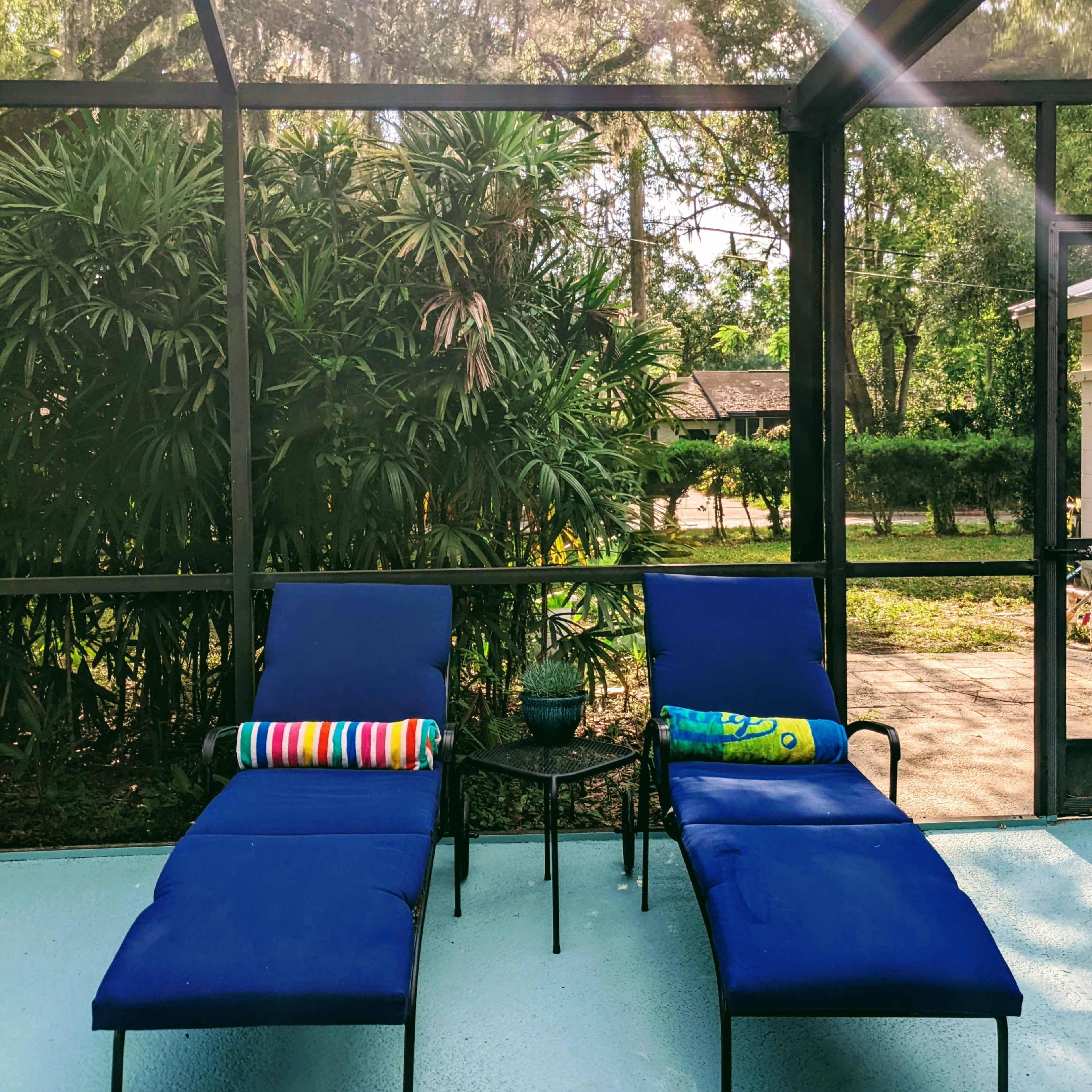 Two blue lounge chairs are positioned under a screened porch, accompanied by a small table and surrounded by lush greenery.