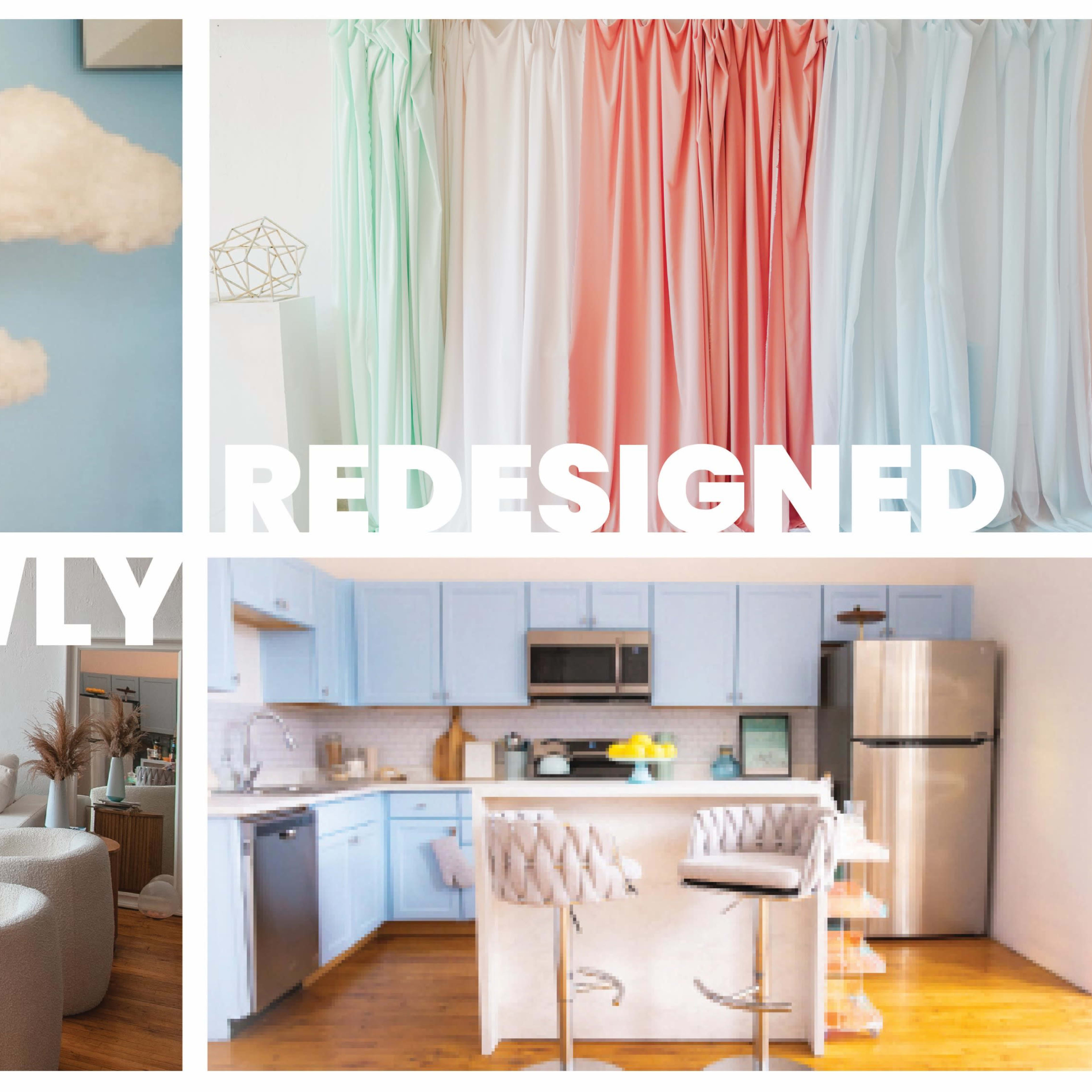 Four distinct areas of a redesigned living space, including a ceiling adorned with fluffy cloud decorations, colorful drapes, a modern sectional sofa, and a bright kitchen with pastel cabinetry.