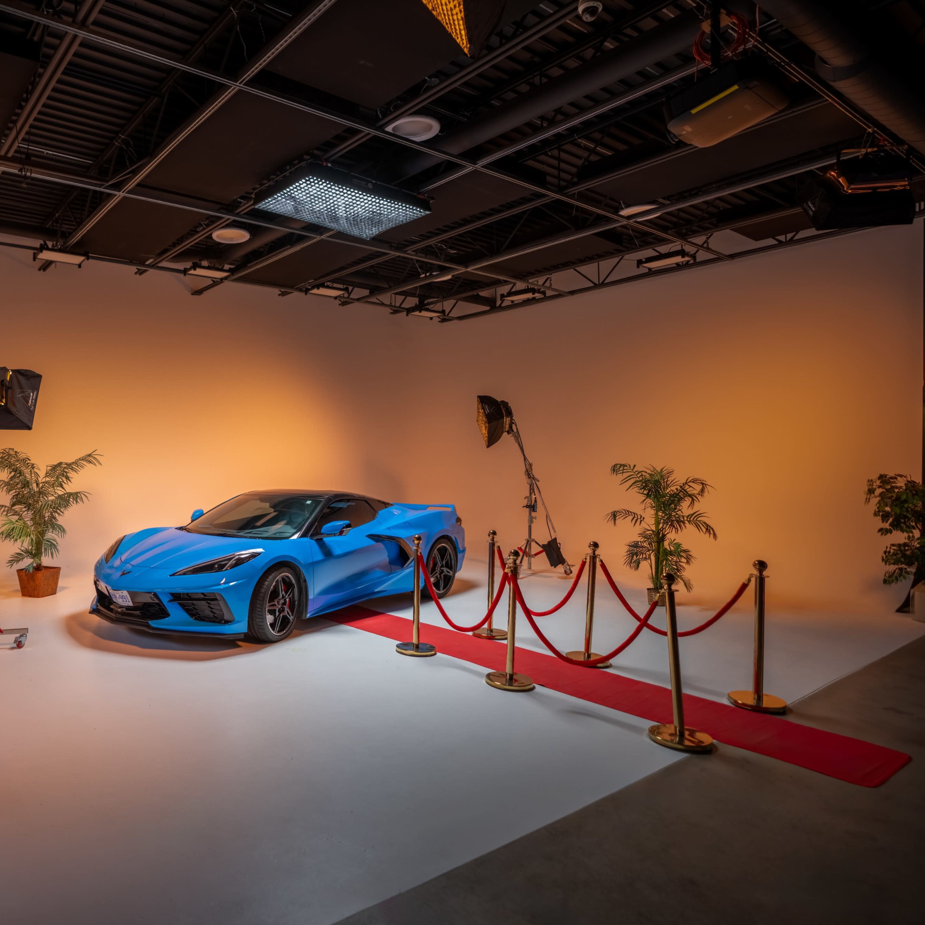 A blue sports car is displayed on a lit studio set with potted plants and a red carpet bordered by stanchions.