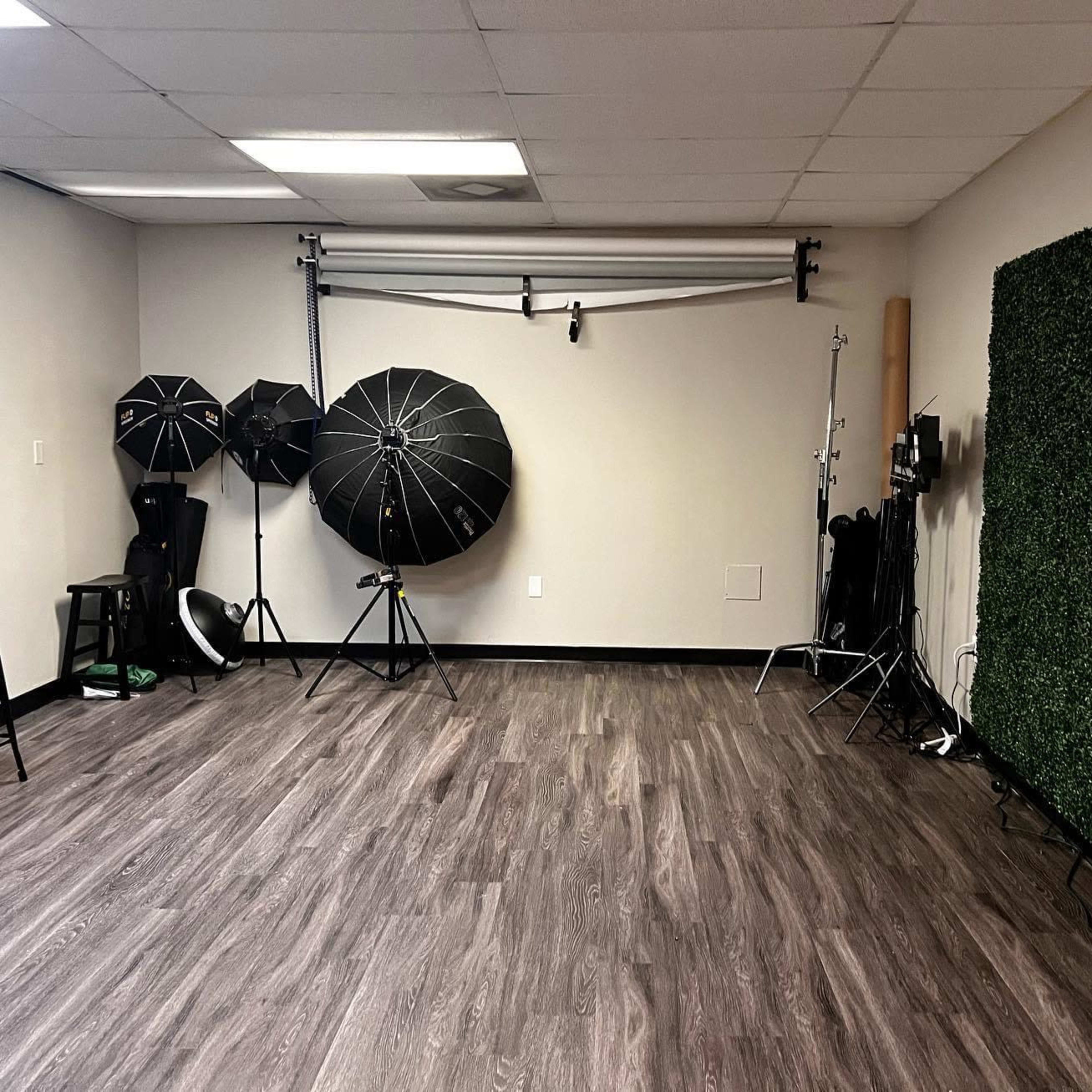 A photography studio with various lighting equipment, including softboxes and umbrellas, arranged near a grass wall backdrop.