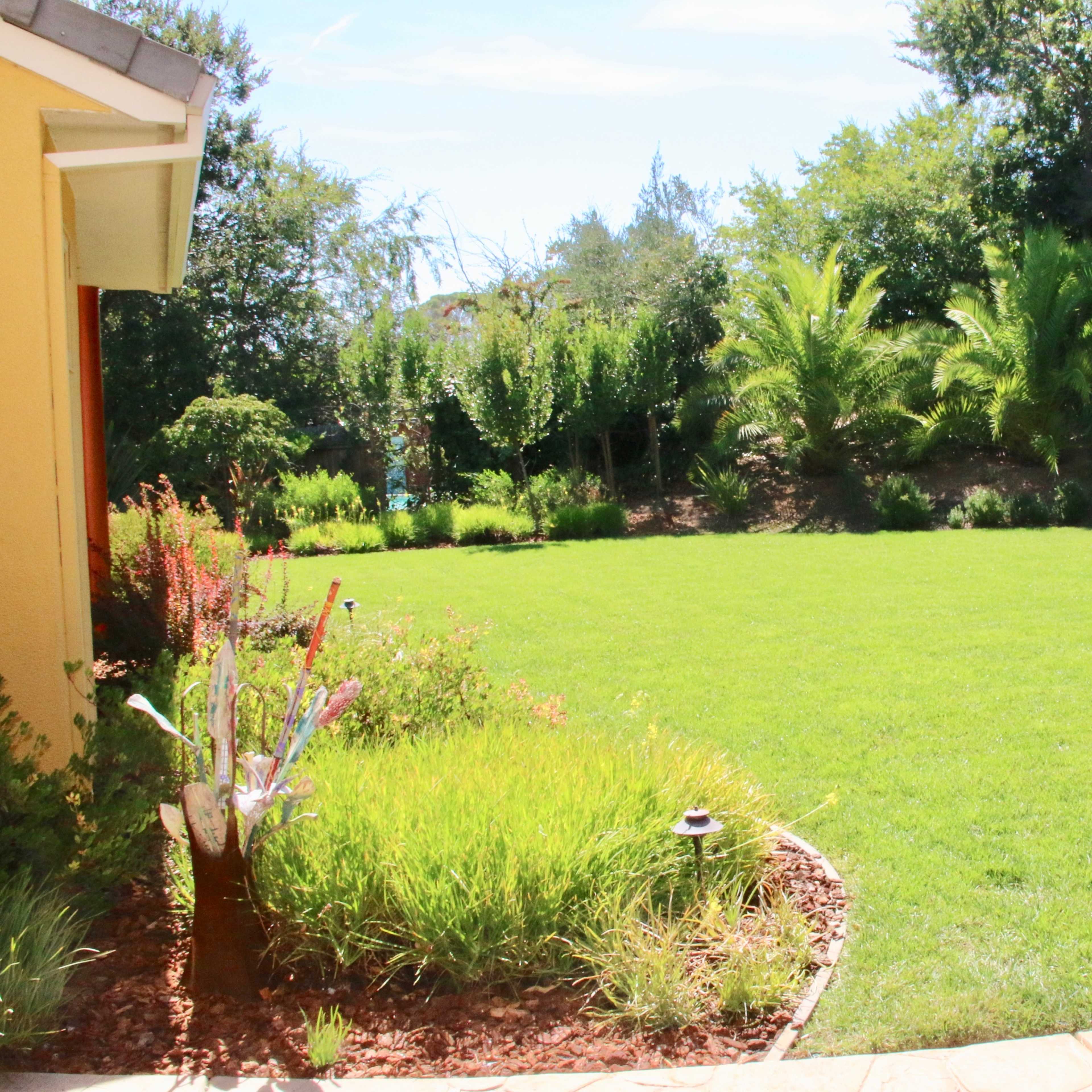 A well-maintained yard features lush green grass surrounded by decorative landscaping and palm trees.