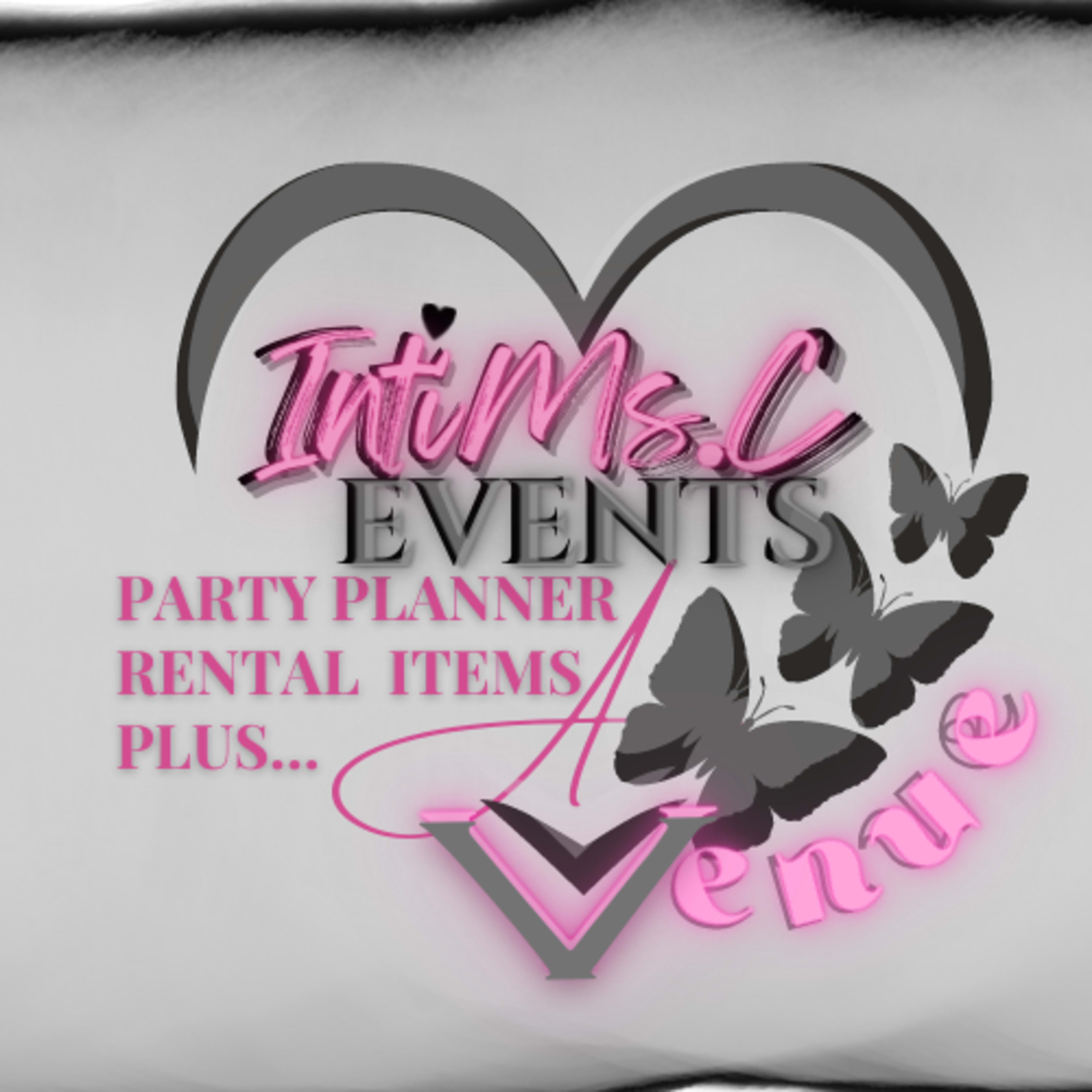 A logo for "IntiMs.C Events," showcasing party planning services, rental items, and a venue, with decorative butterflies and a heart design.