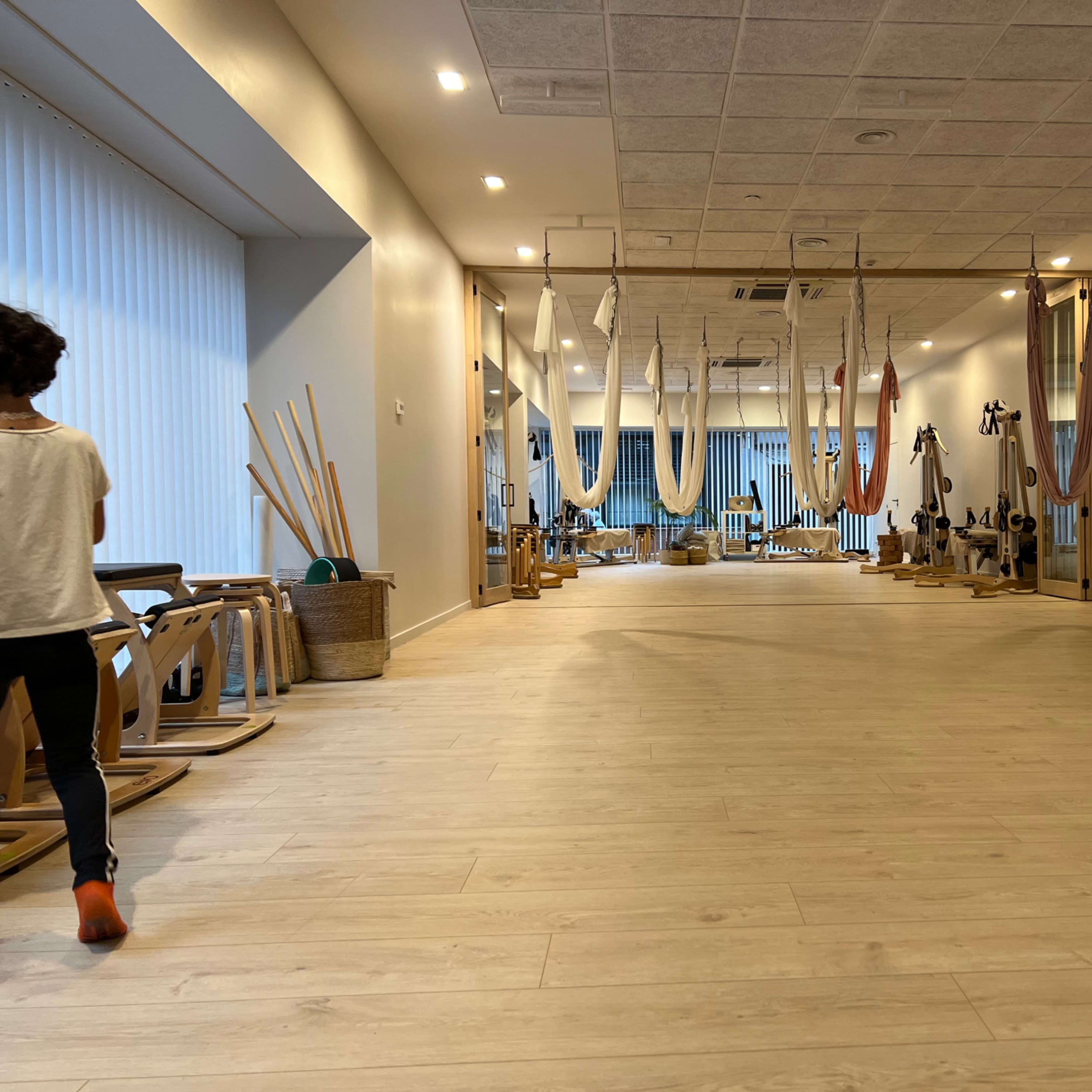 A spacious studio features wooden floors, exercise equipment, and several suspended hammocks hanging from the ceiling.