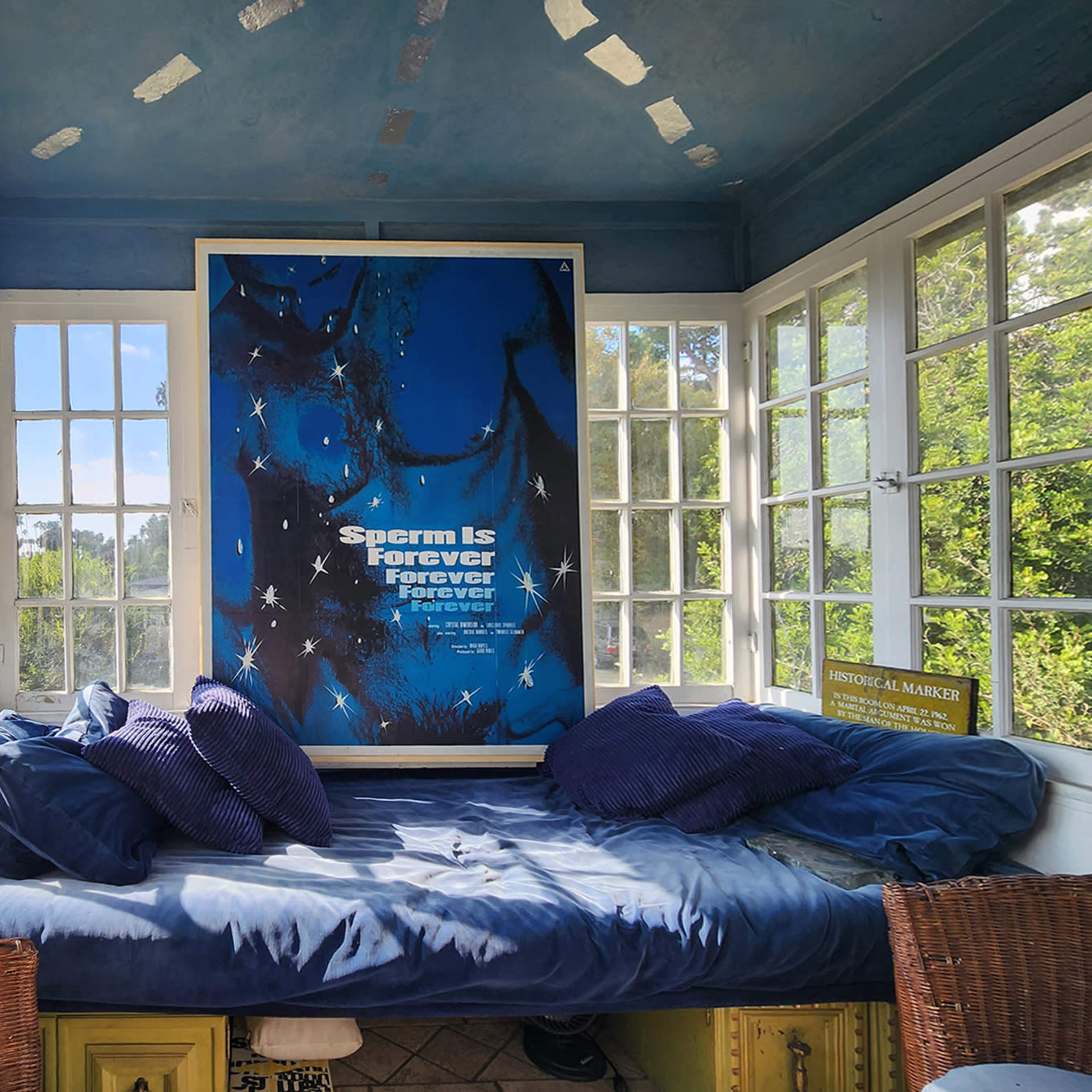 A bright room with multiple windows features a large poster on an easel that reads "Sperm Is Forever" against a blue background, and a seating area with blue cushions.