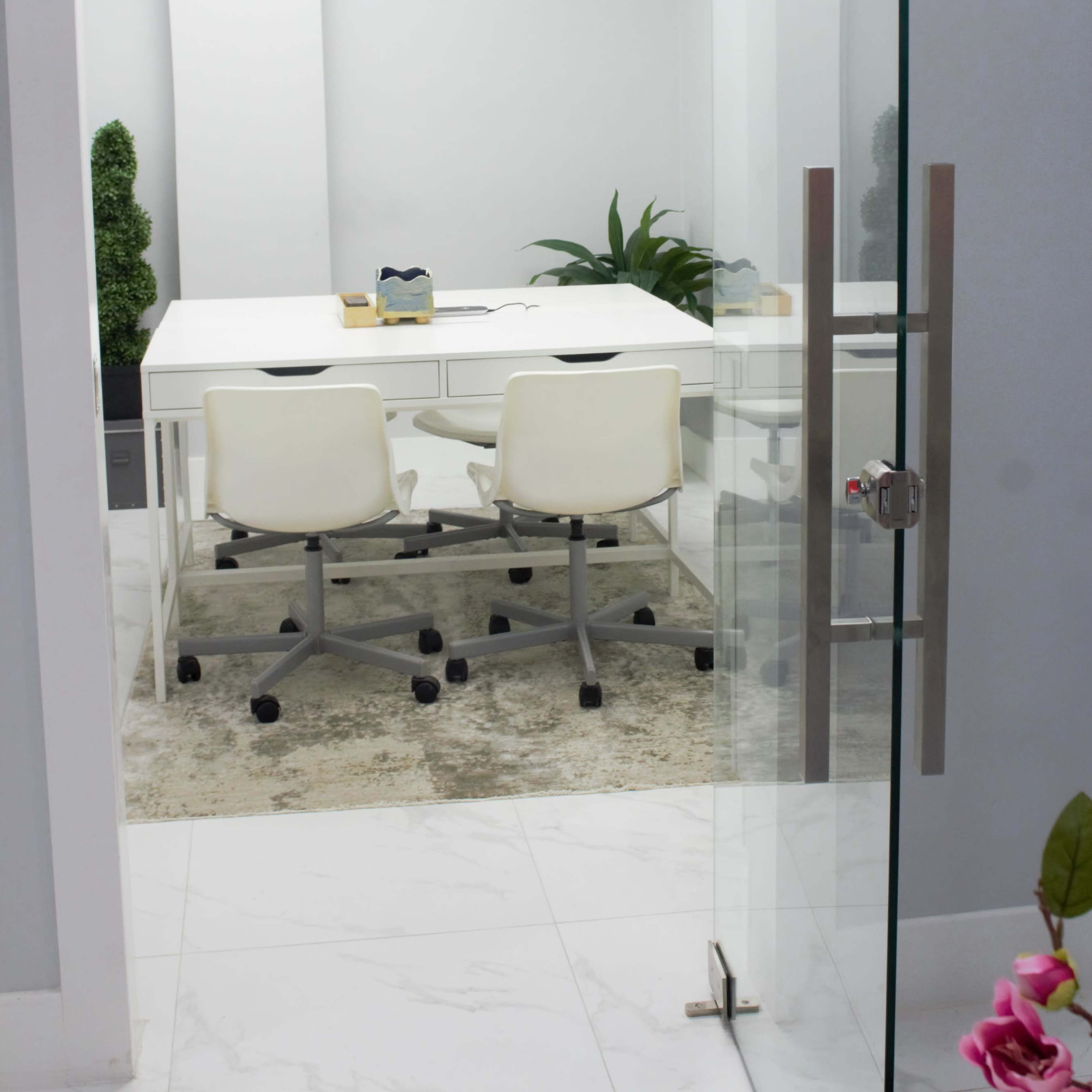 A modern conference room with a white table, two white chairs, and potted plants, visible through a glass door.
