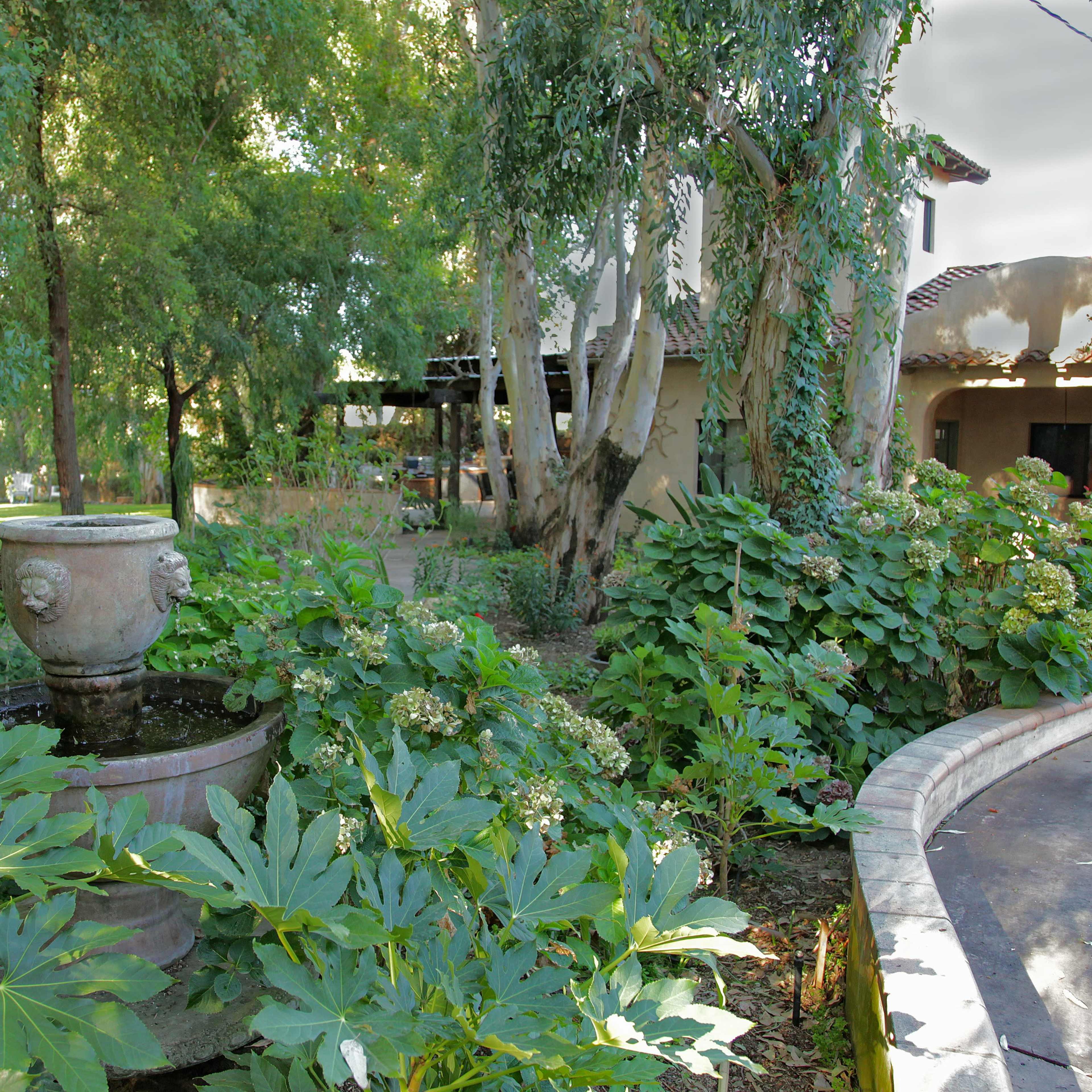 A stone fountain is surrounded by lush greenery and shrubs in a garden setting beside a house.