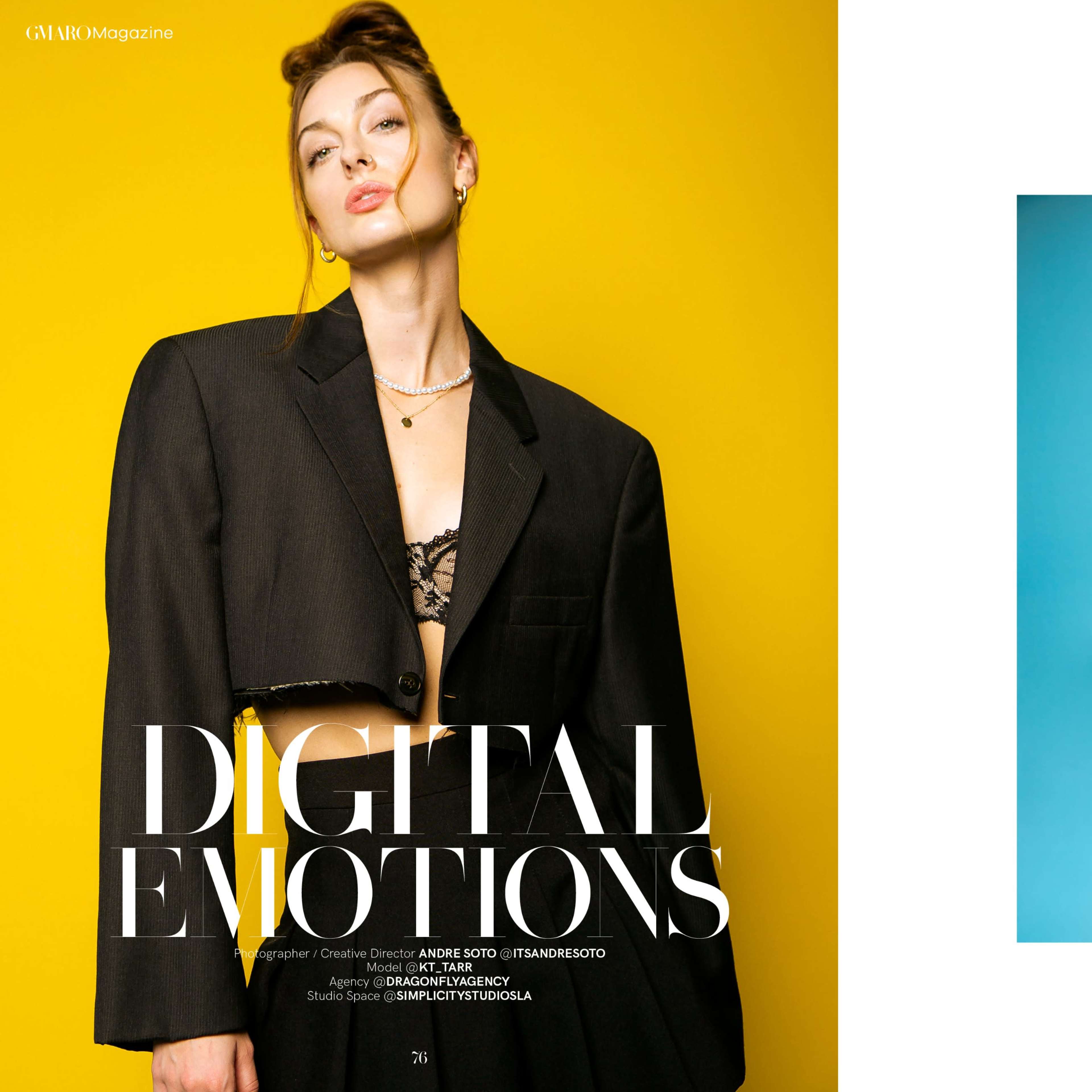 A fashion magazine layout with a model on the left side wearing a black cropped blazer against a yellow background, and the right side shows another model in a bright green top sitting on a stool.