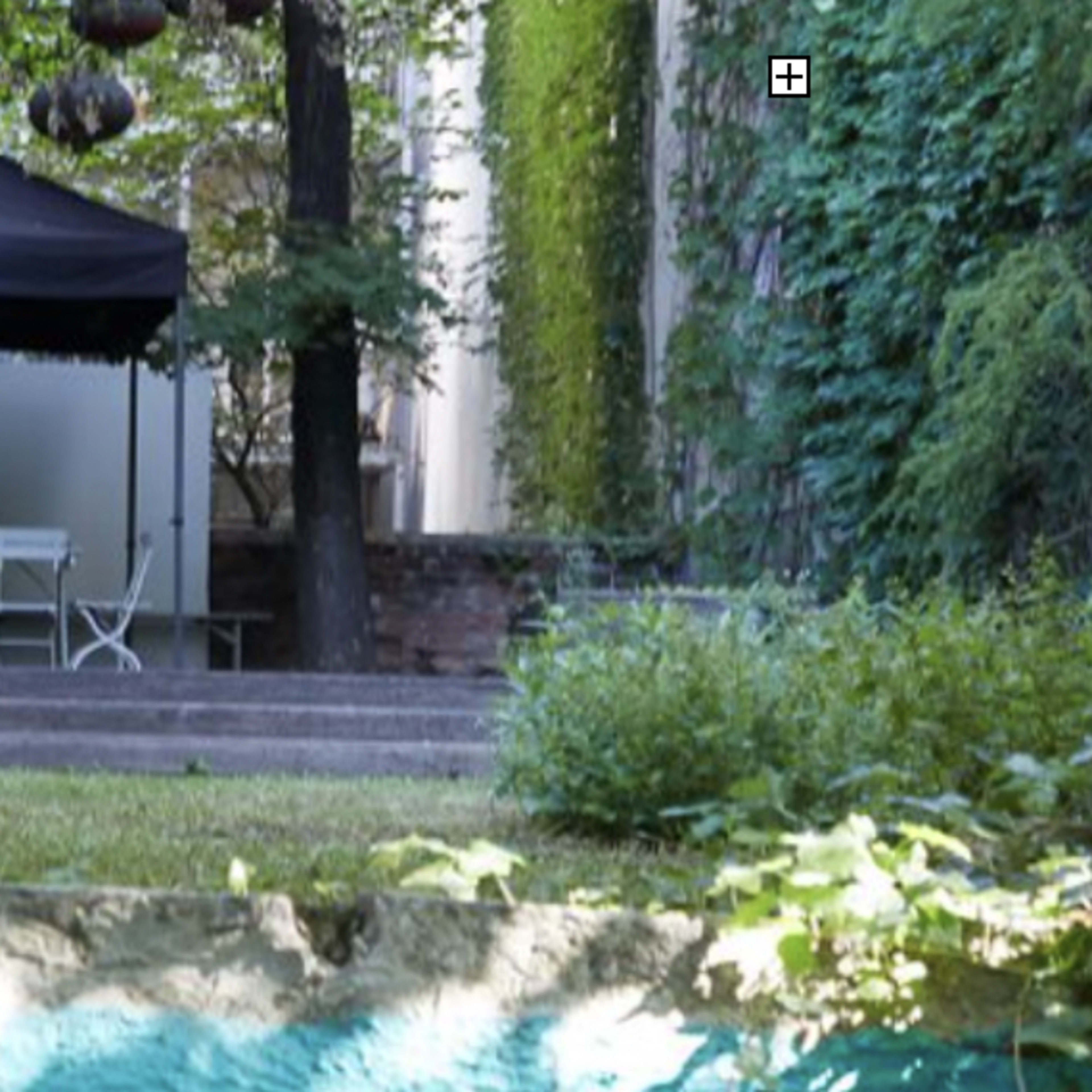 A lush garden with a small tent, surrounded by greenery and stone pathways.