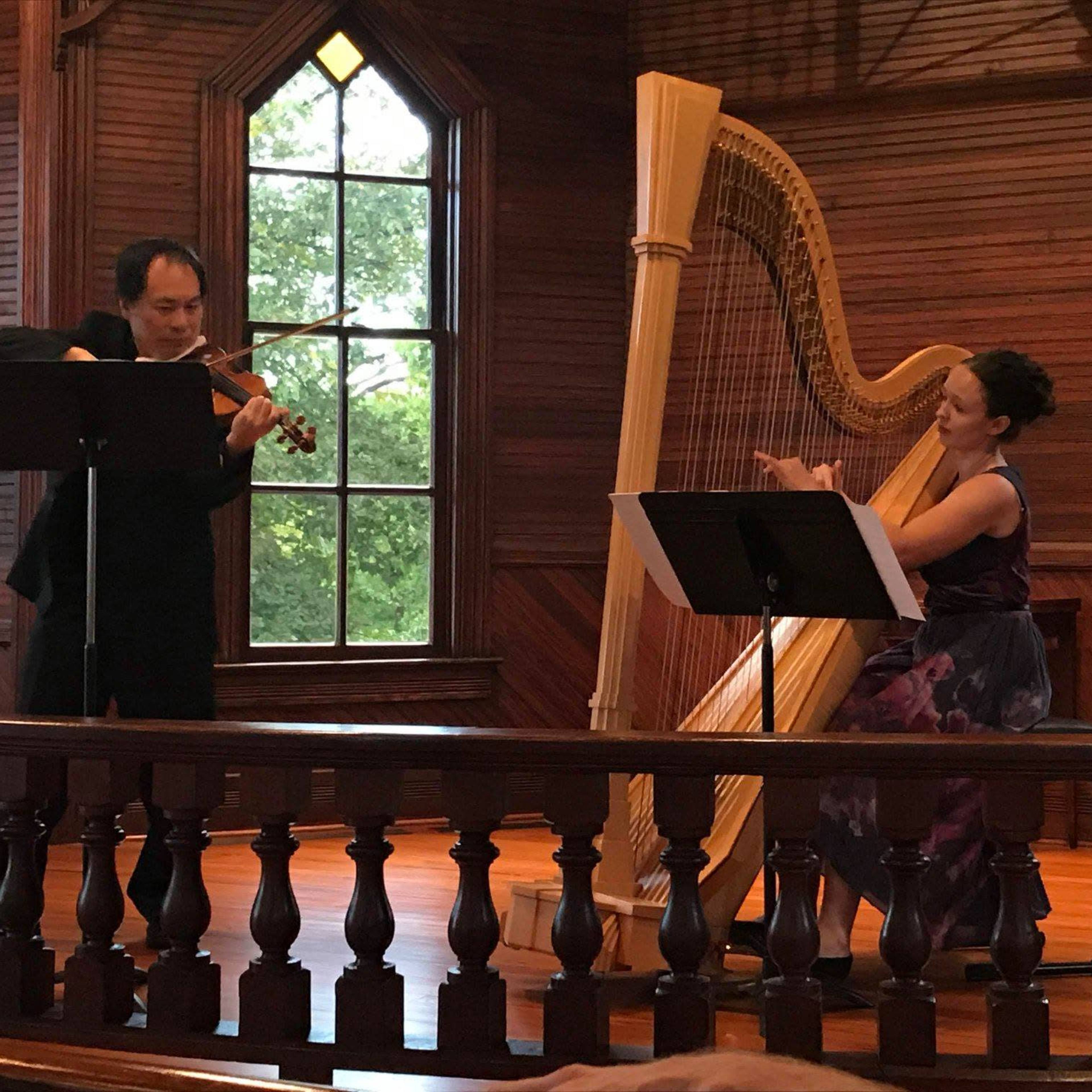 A violinist and a harpist perform together on stage in a wooden-paneled venue.