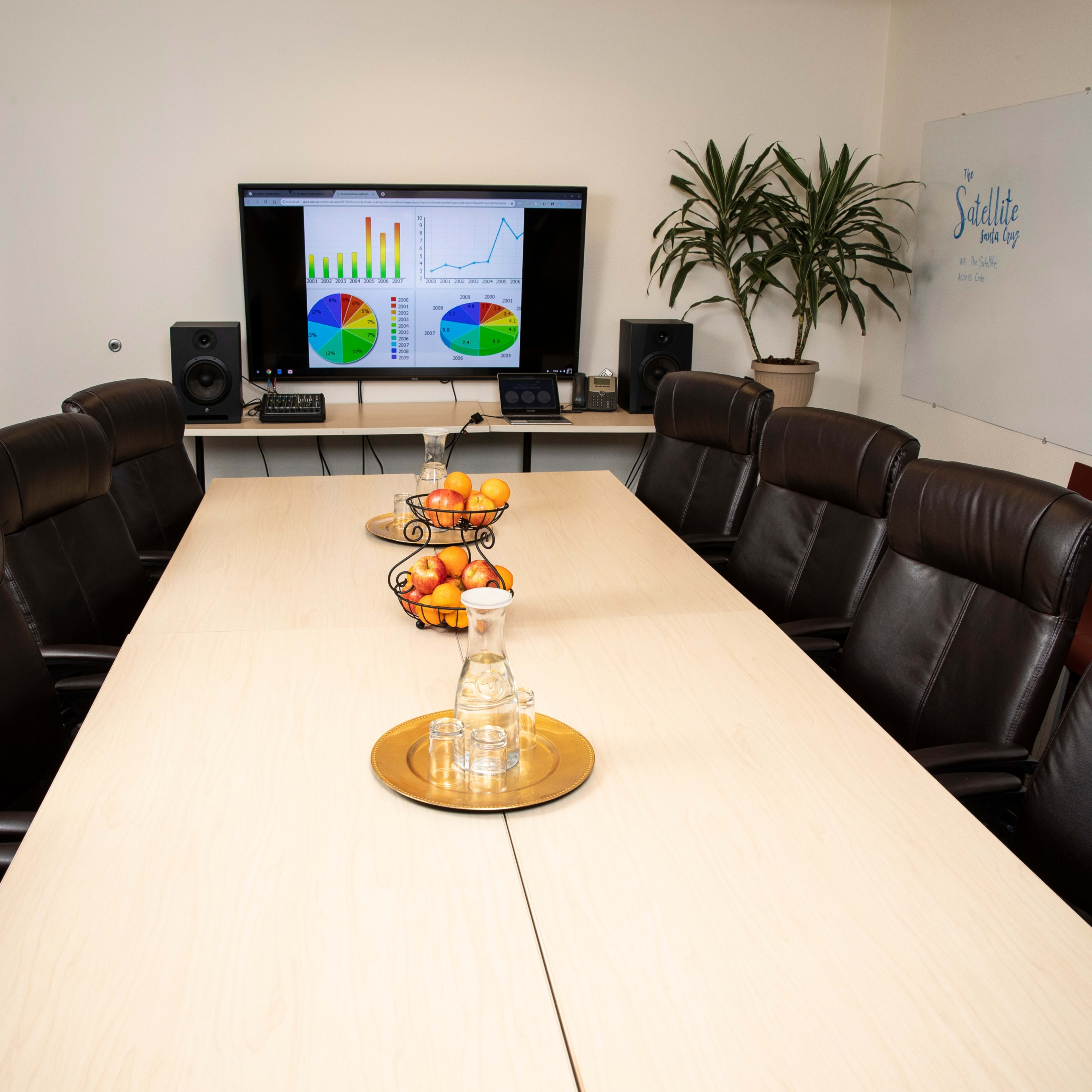 A conference room features a long table surrounded by black leather chairs, a presentation screen displaying colorful graphs, and a centerpiece of oranges on a tray.