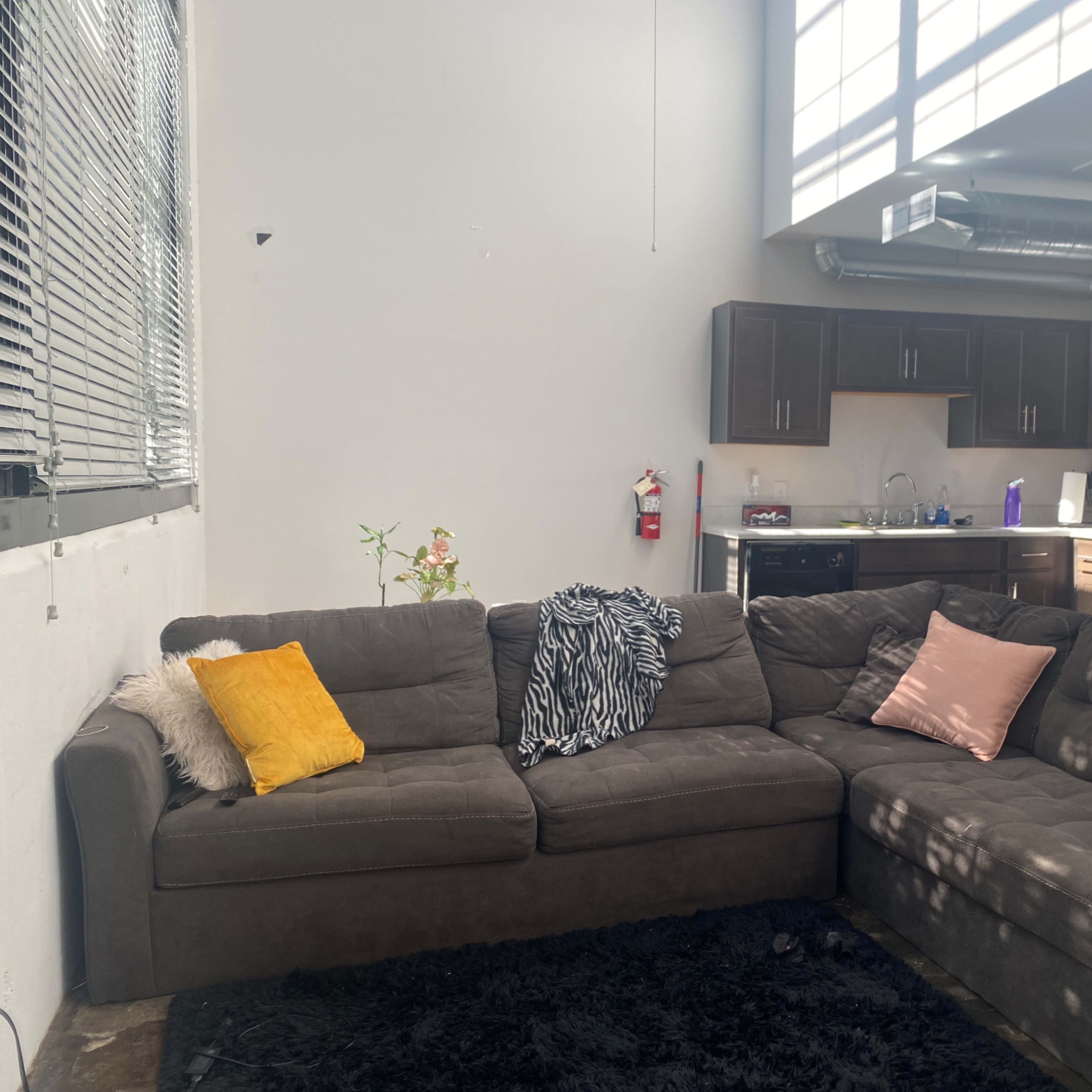 A spacious living area with a gray sectional sofa, a black rug, and a kitchen area in the background featuring dark cabinetry and appliances.