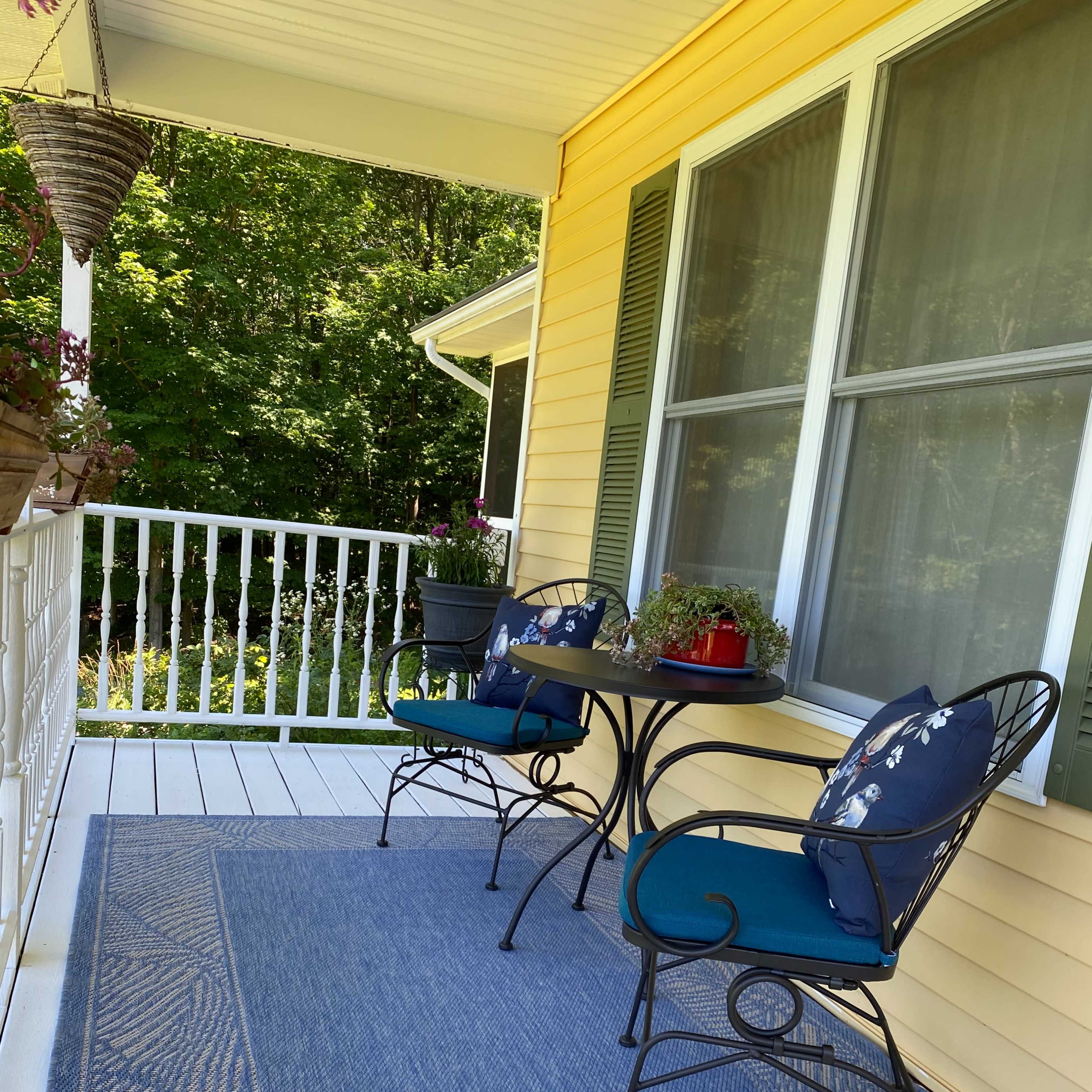 A small porch with two metal chairs and a round table, surrounded by a blue rug, with potted plants and a view of greenery in the background.