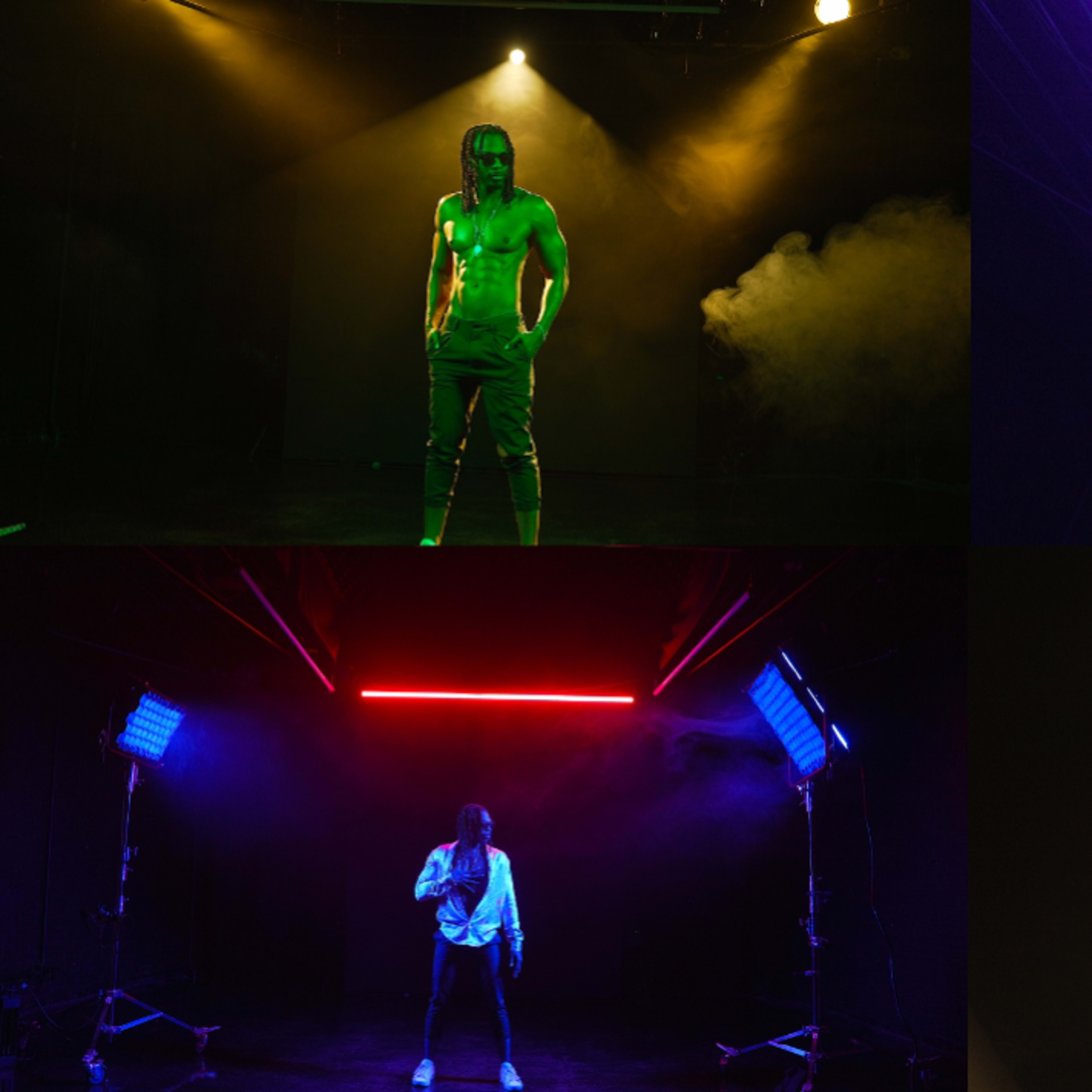 Four different scenes: a male performer in bright green light, a female dancer highlighted in purple, a male vocalist in blue light, and a female model in a dimly lit setting with contrasting highlights.