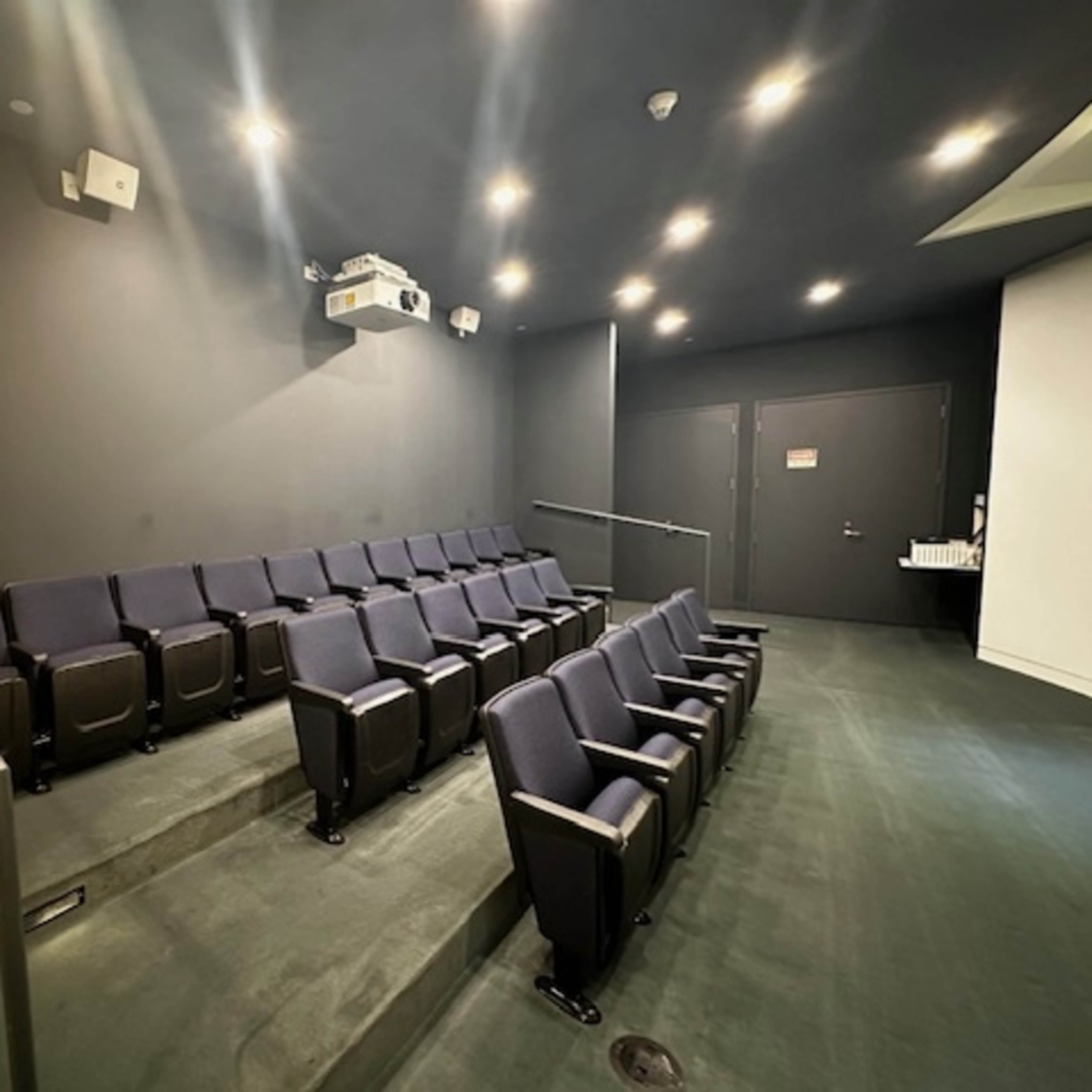 A small auditorium with several dark blue seats arranged in tiers facing a projection screen.