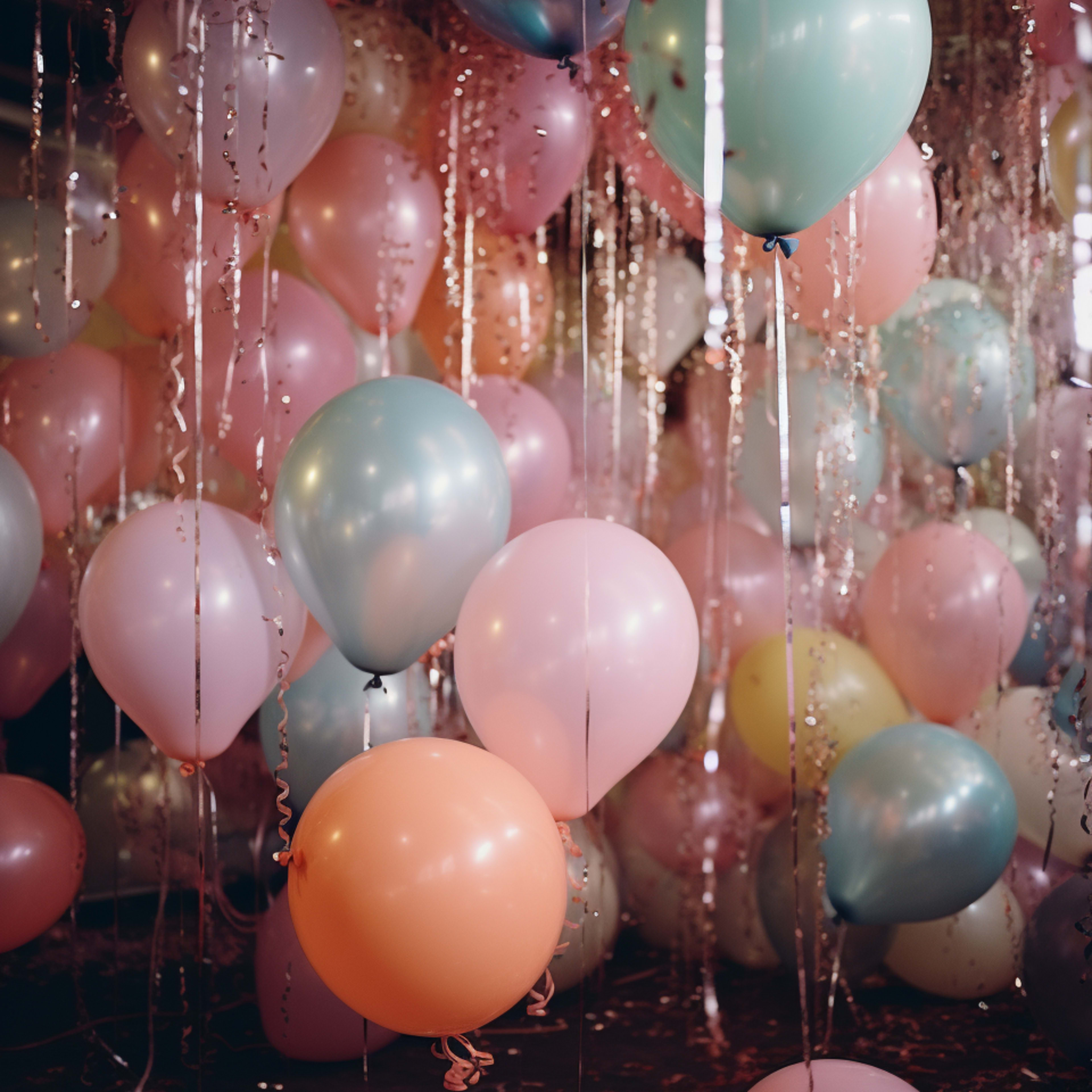 A variety of pastel balloons in pink, blue, and orange decorate a space with shimmering streamers hanging around them.