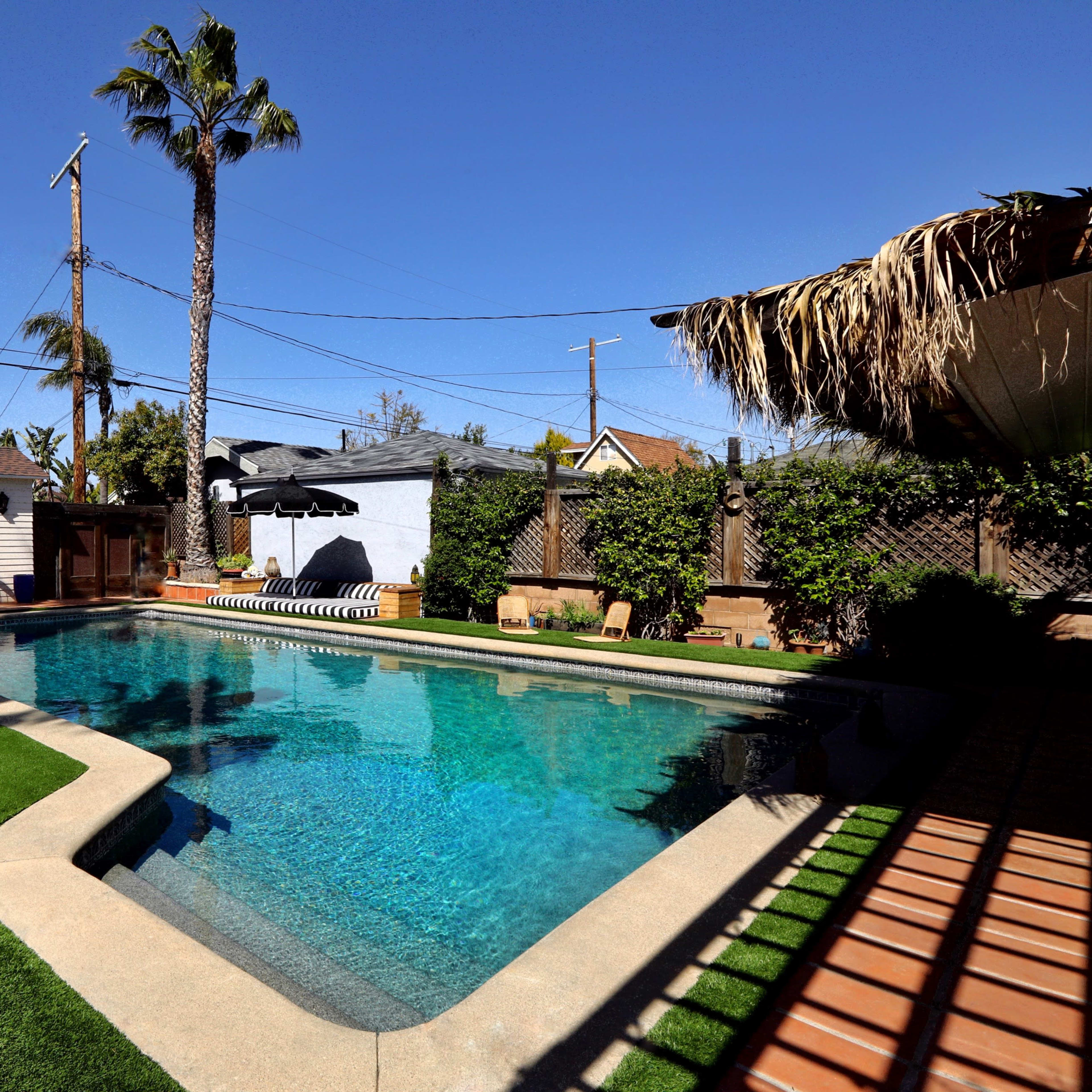 A pool surrounded by green grass, palm trees, and a patio area with lounge chairs in a residential backyard.