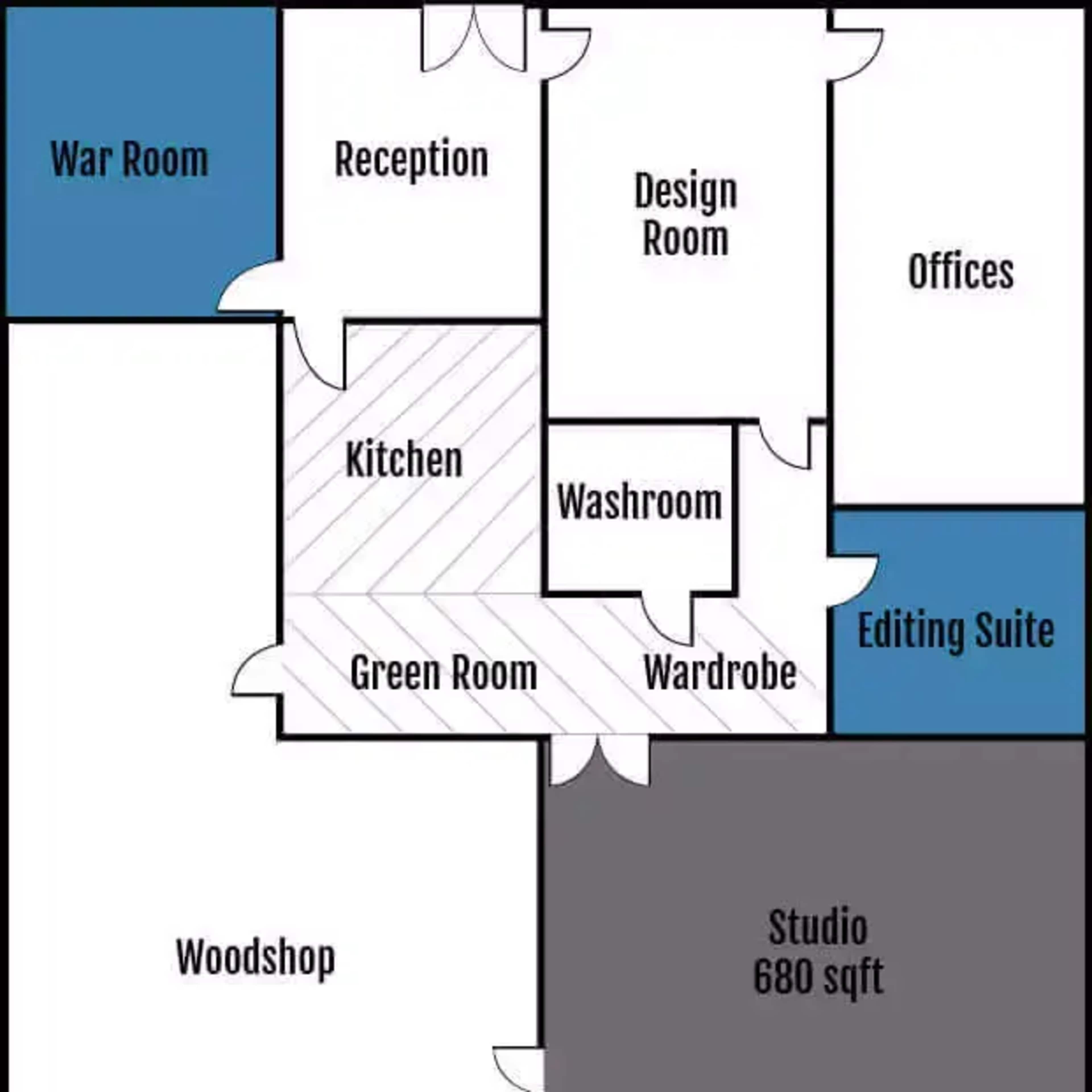 A floor plan showing the layout of various rooms, including a War Room, Reception, Design Room, Offices, Kitchen, Washroom, Green Room, Wardrobe, Editing Suite, and a Studio labeled as 680 square feet.