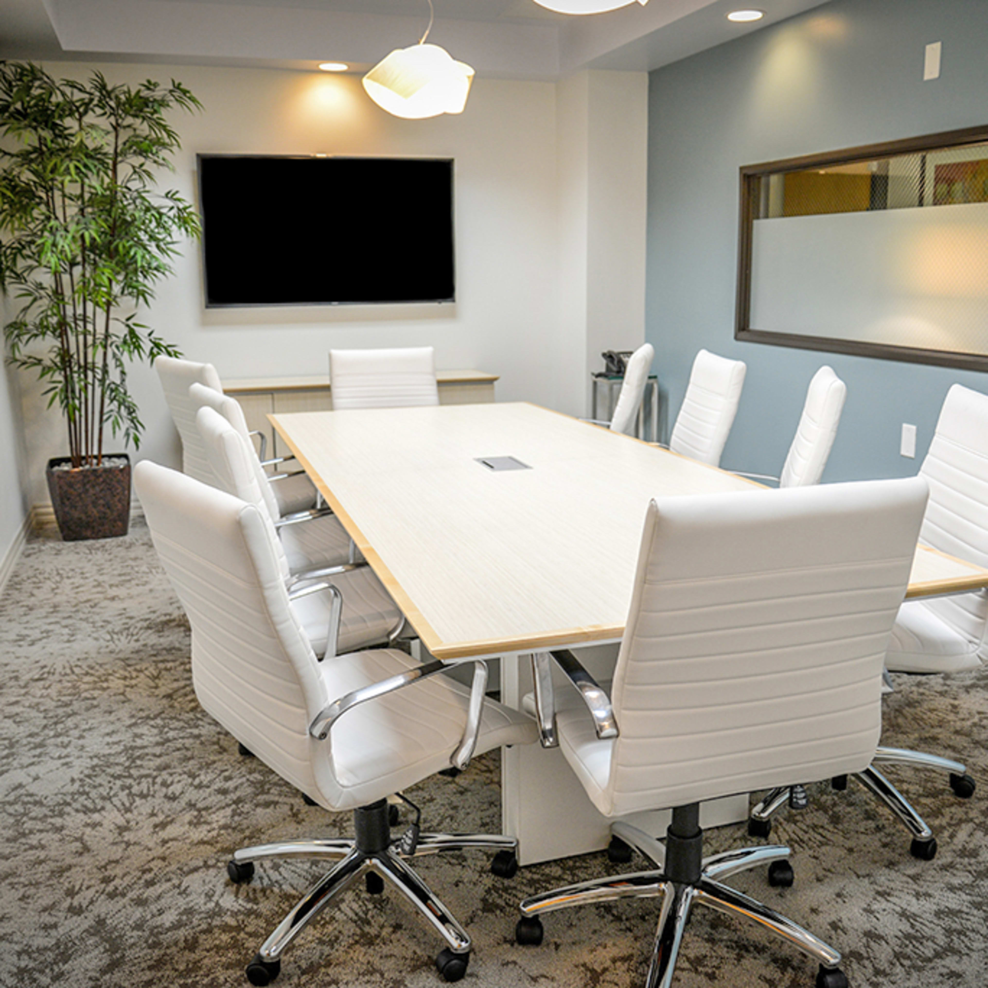 A modern conference room features a long table surrounded by white ergonomic chairs, with a television mounted on the wall and a potted plant in the corner.