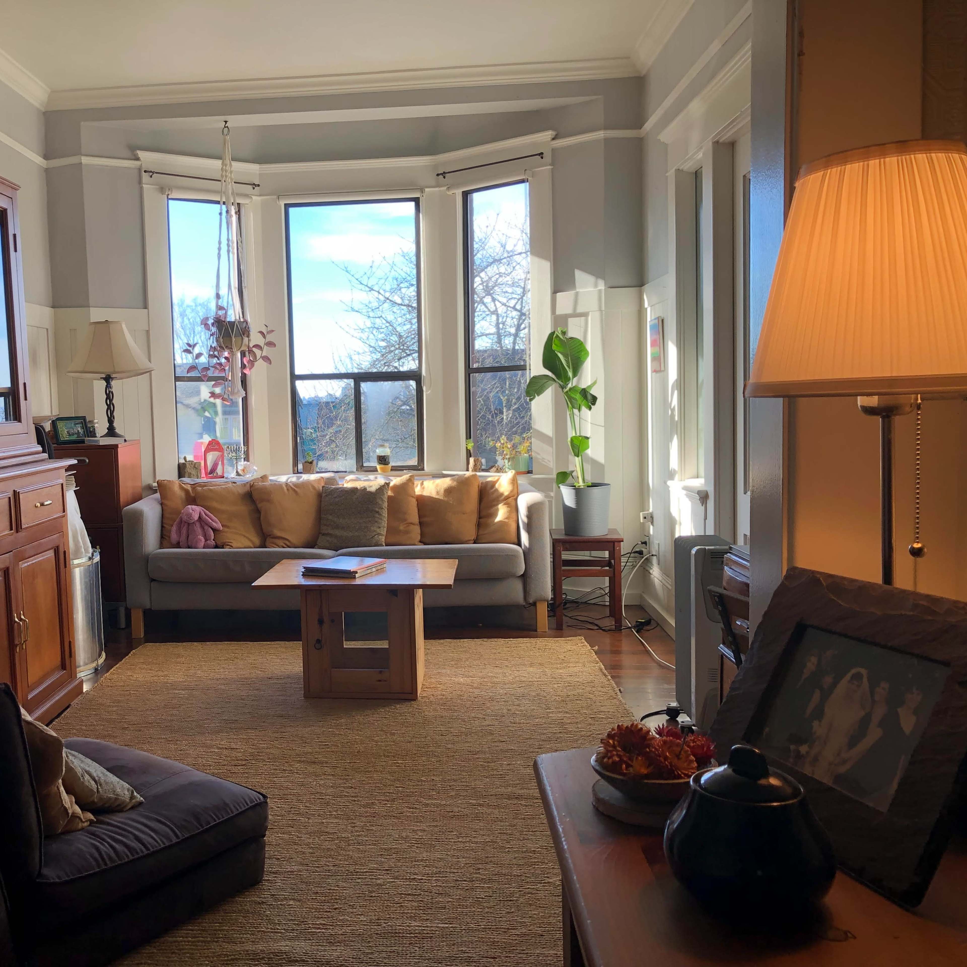 A cozy living room with a sofa, a coffee table in the center, and large windows allowing natural light to enter.
