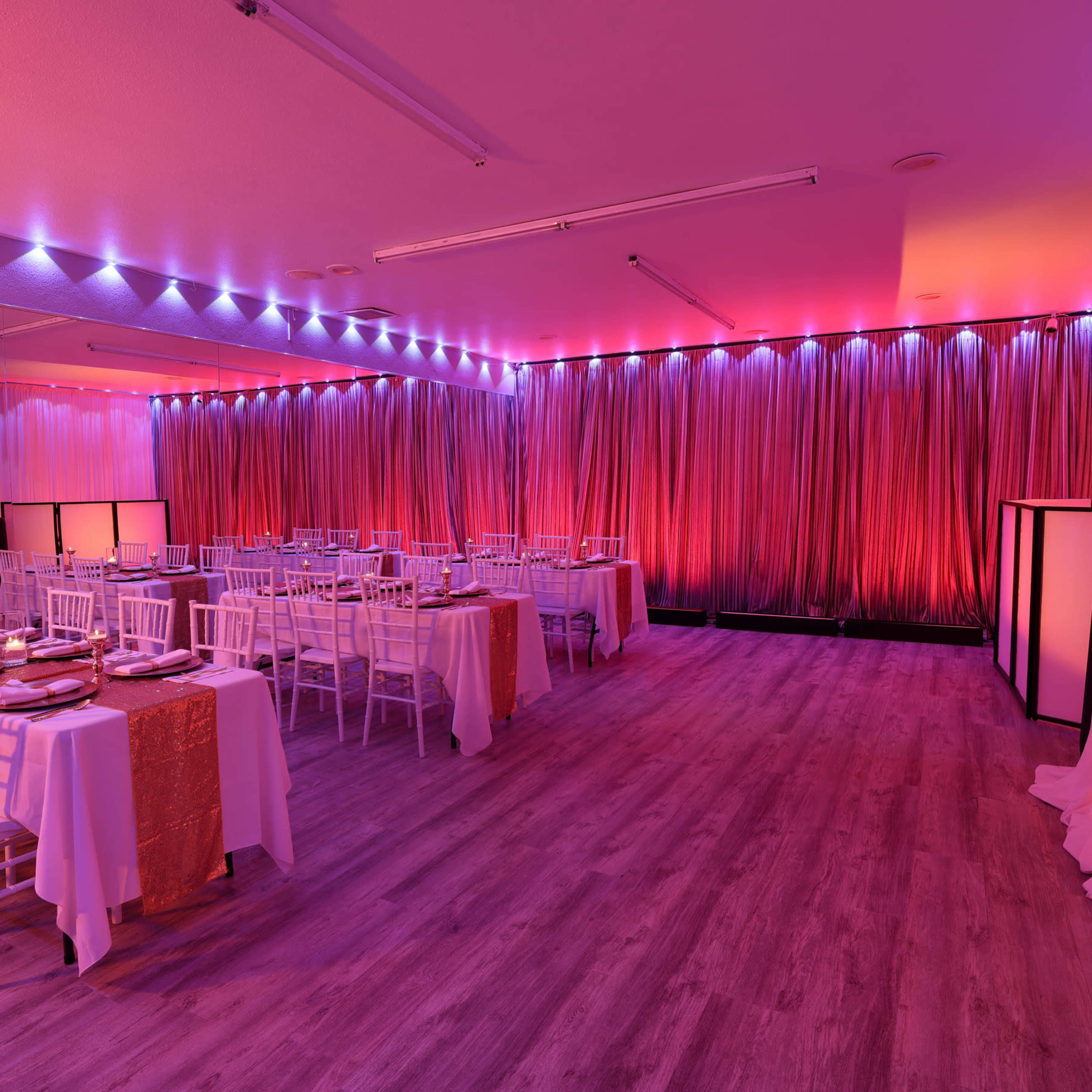 Intimate  Event Space with Custom Lighting Image in French Court, Santa Ana, CA