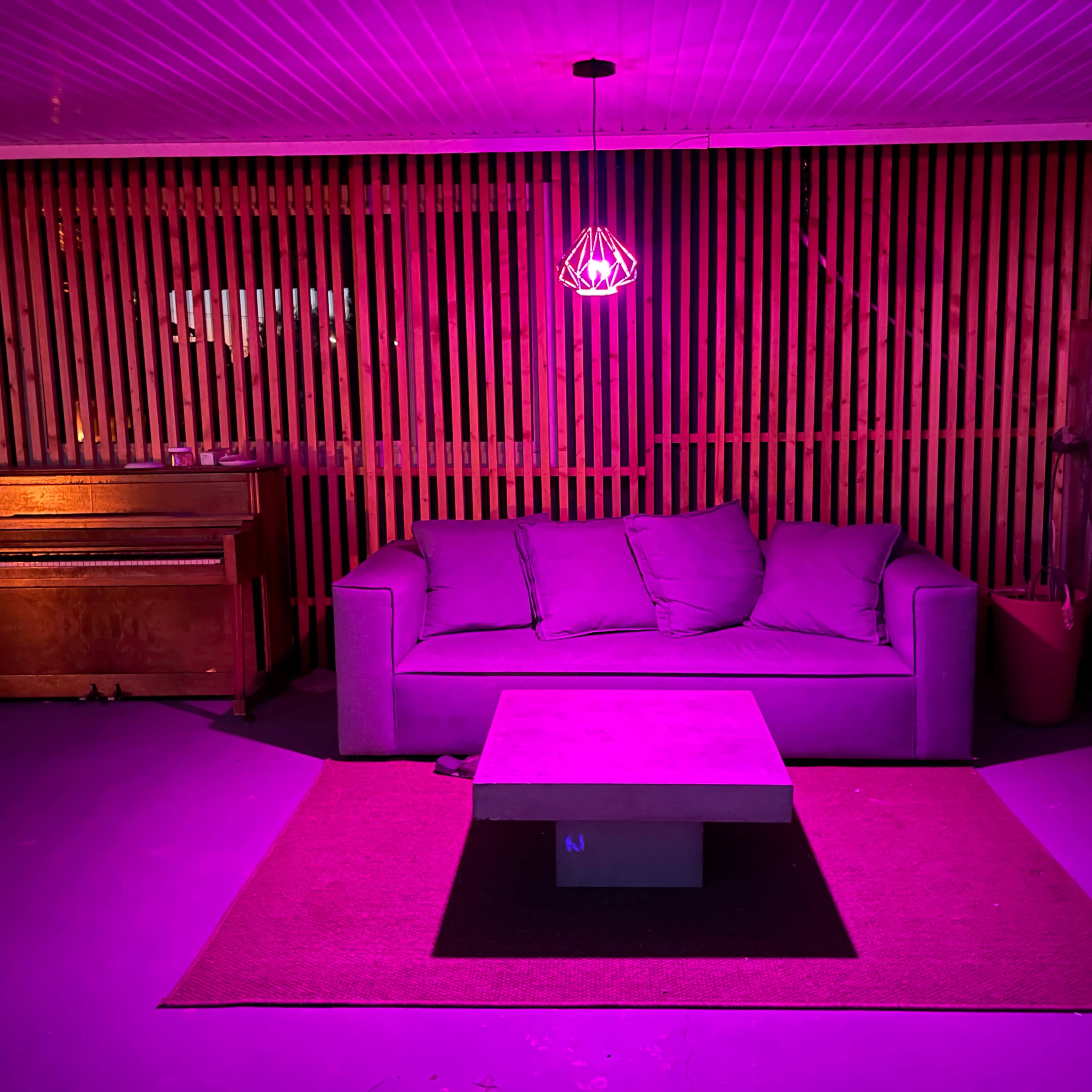 A purple-lit lounge area features a sofa, a low table, and a piano against a backdrop of wooden slats.