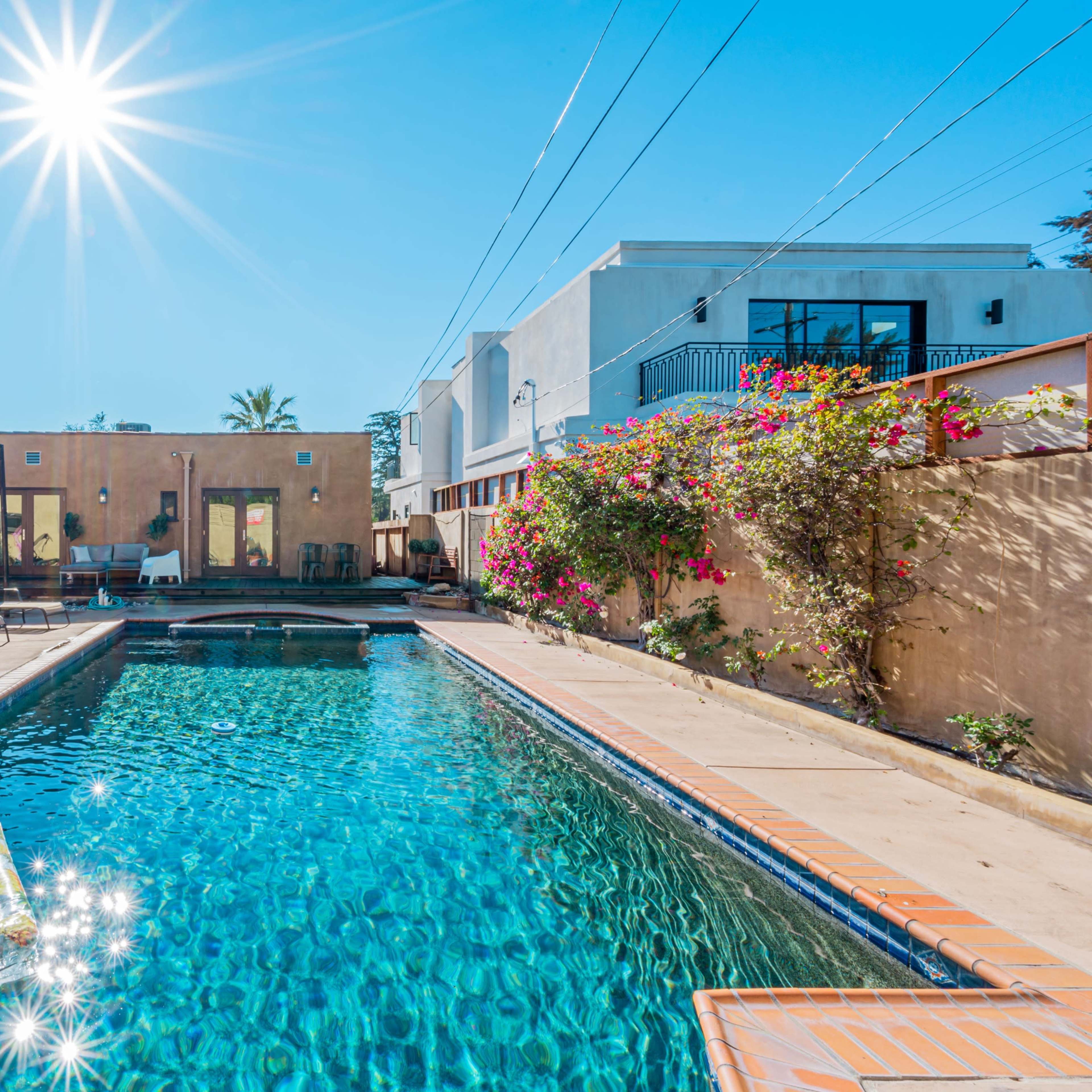A bright, sunlit backyard with a swimming pool surrounded by lounge chairs and blooming plants.