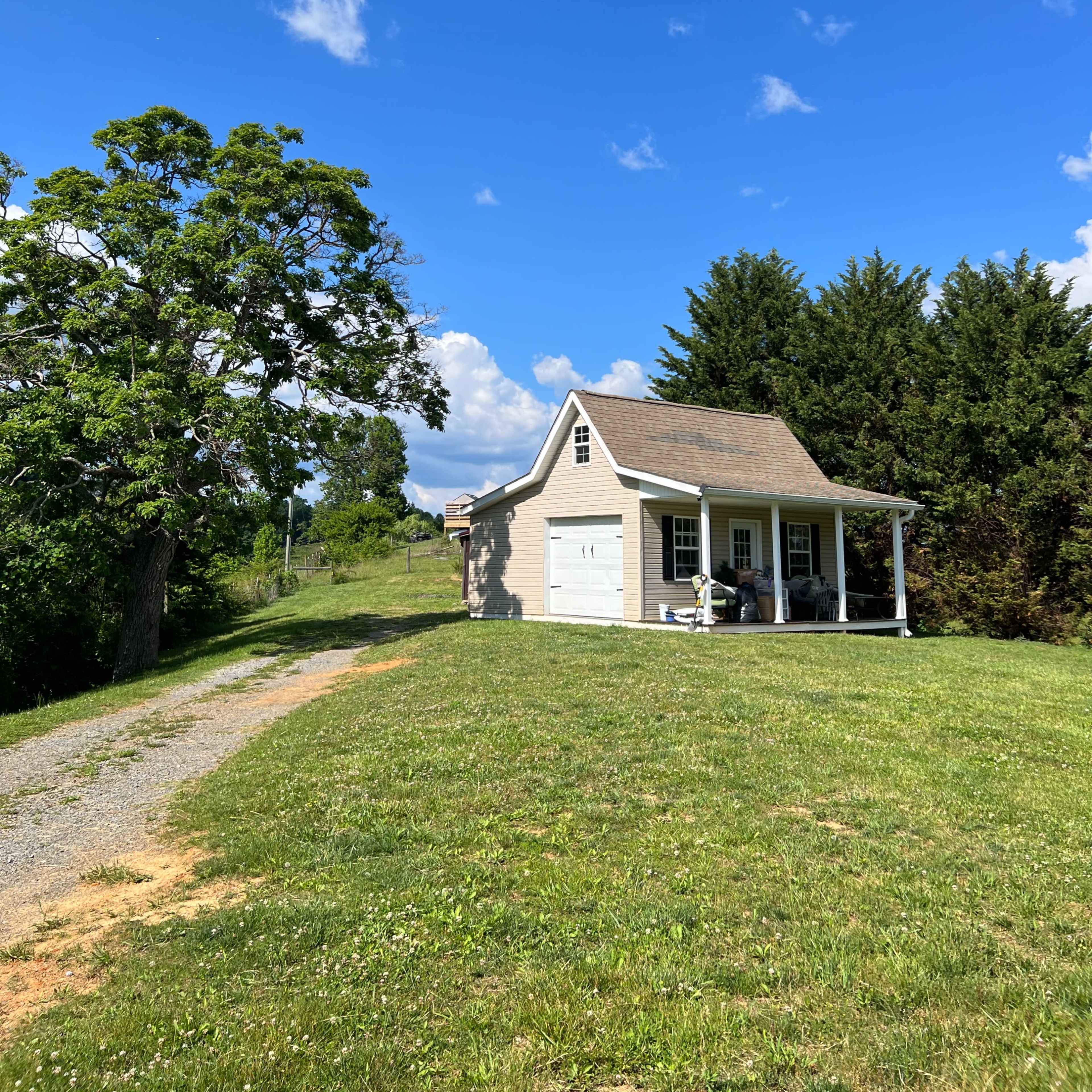 A small house with a porch sits on a grassy hill, surrounded by trees under a clear blue sky.