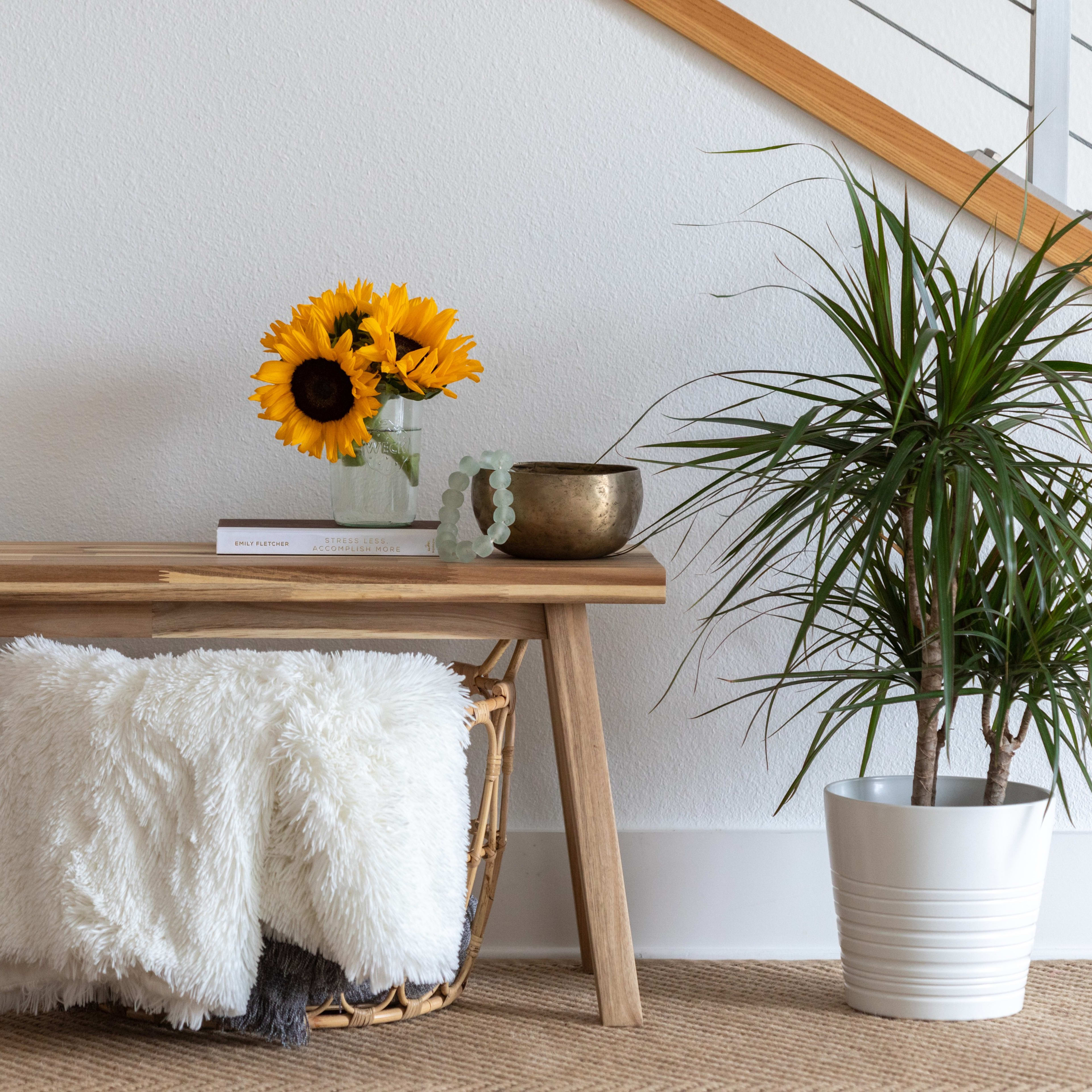 A wooden bench with a decorative pillow holds a vase of sunflowers and a bowl, beside a potted plant and a cozy throw blanket in a woven basket.