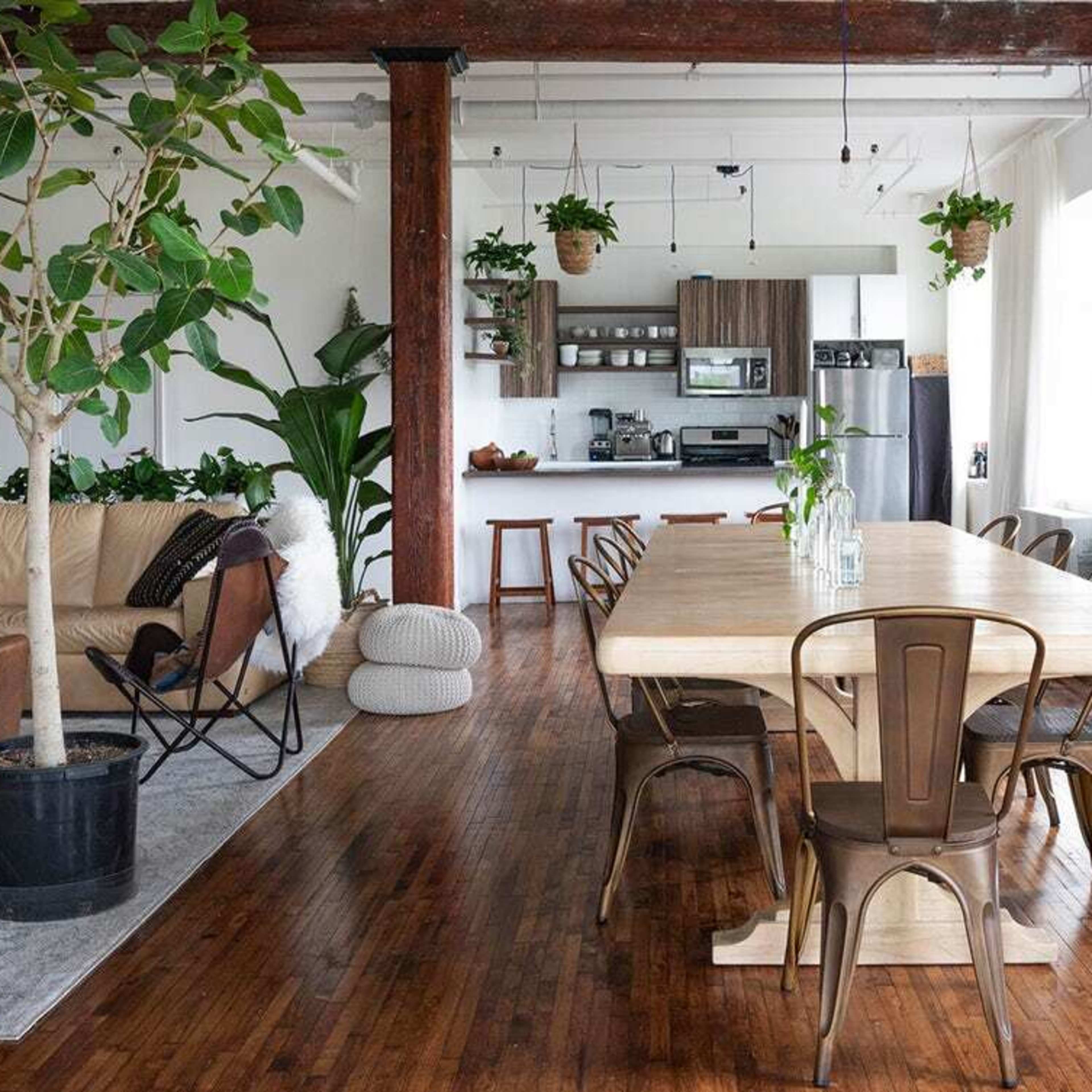 A modern, open-concept living and dining area with a wooden dining table surrounded by metal chairs, a sofa, and plants, all set against a backdrop of large windows and wooden beams.