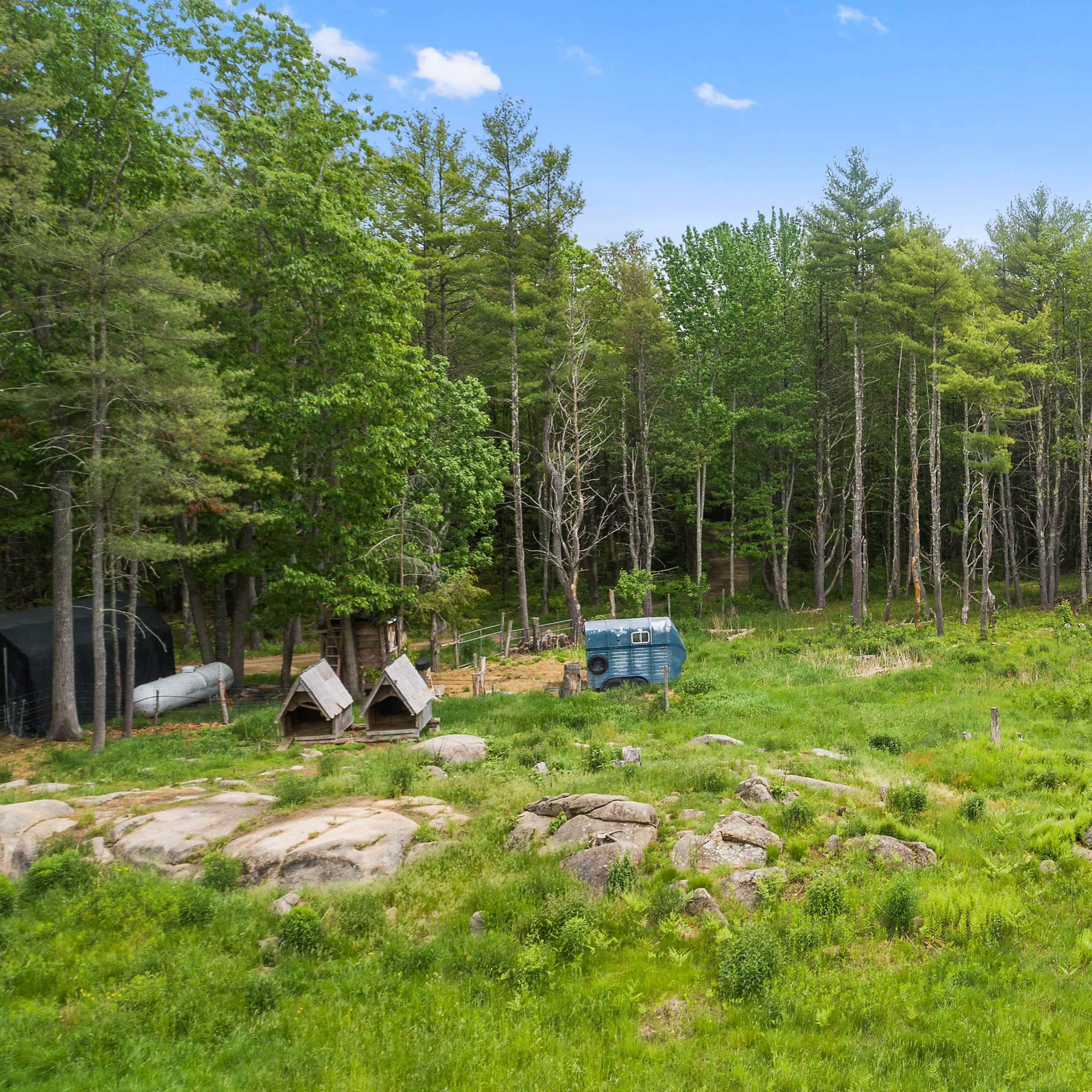 A clearing in a wooded area with several structures and large rocks scattered throughout the lush grass.