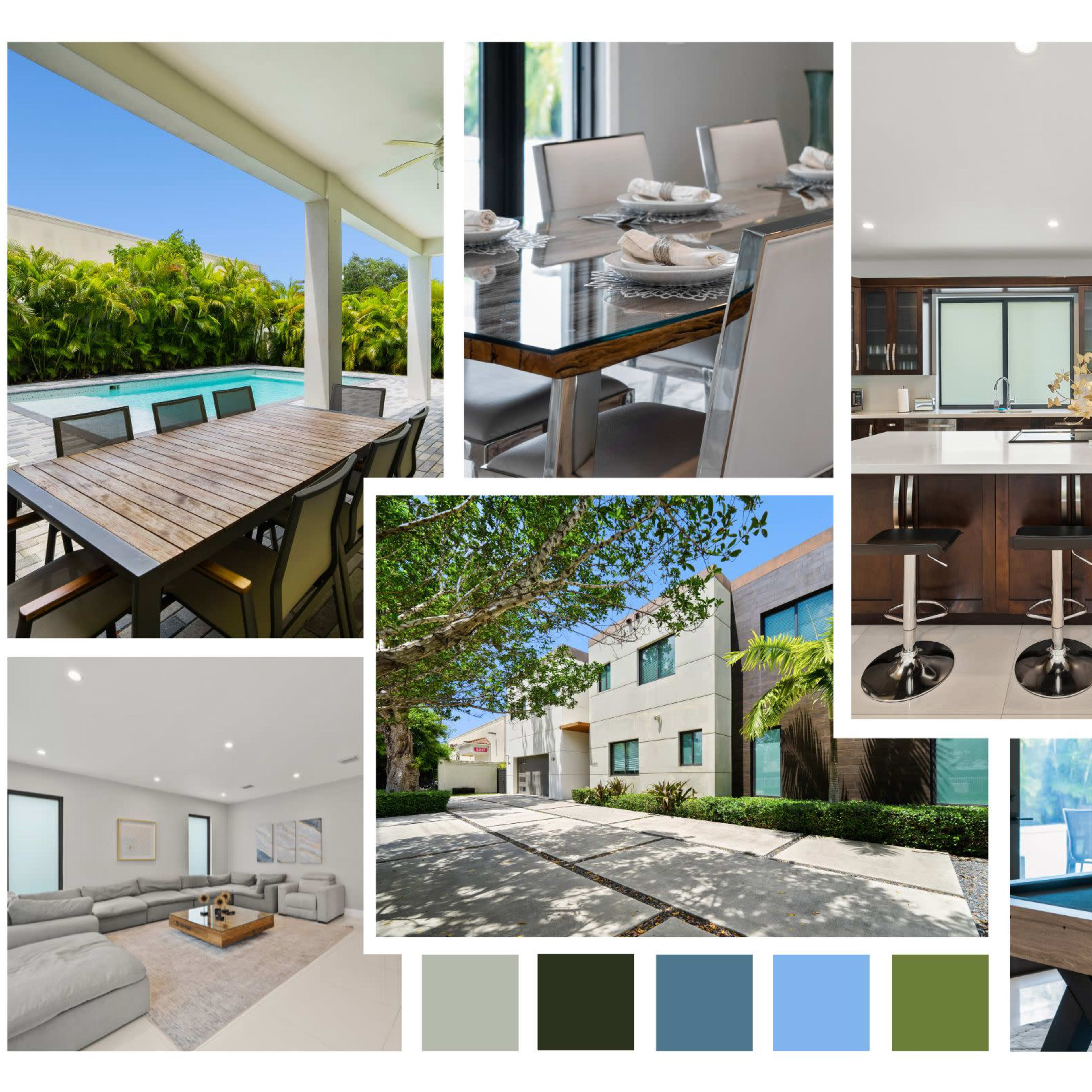 Features various views of a modern home, including a dining area with a pool view, a kitchen with bar seating, and an exterior shot of the property surrounded by greenery.